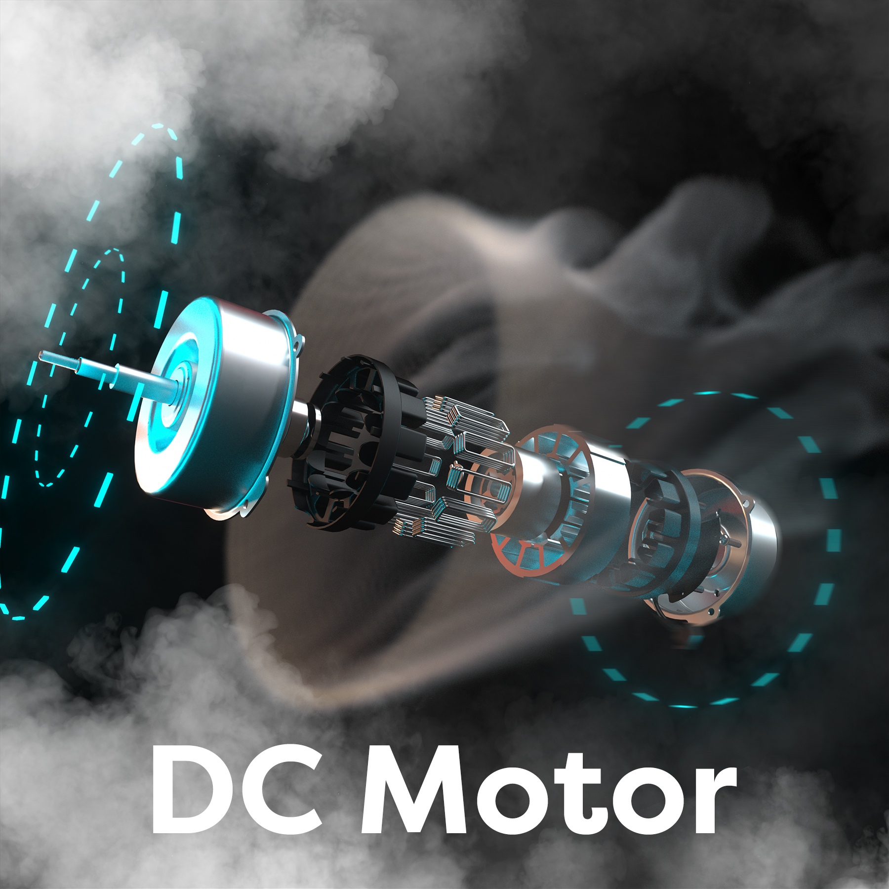 Gleichstrommotor. Das Bild zeigt einen Gleichstrommotor mit seinen sichtbaren Komponenten, umgeben von Rauch.