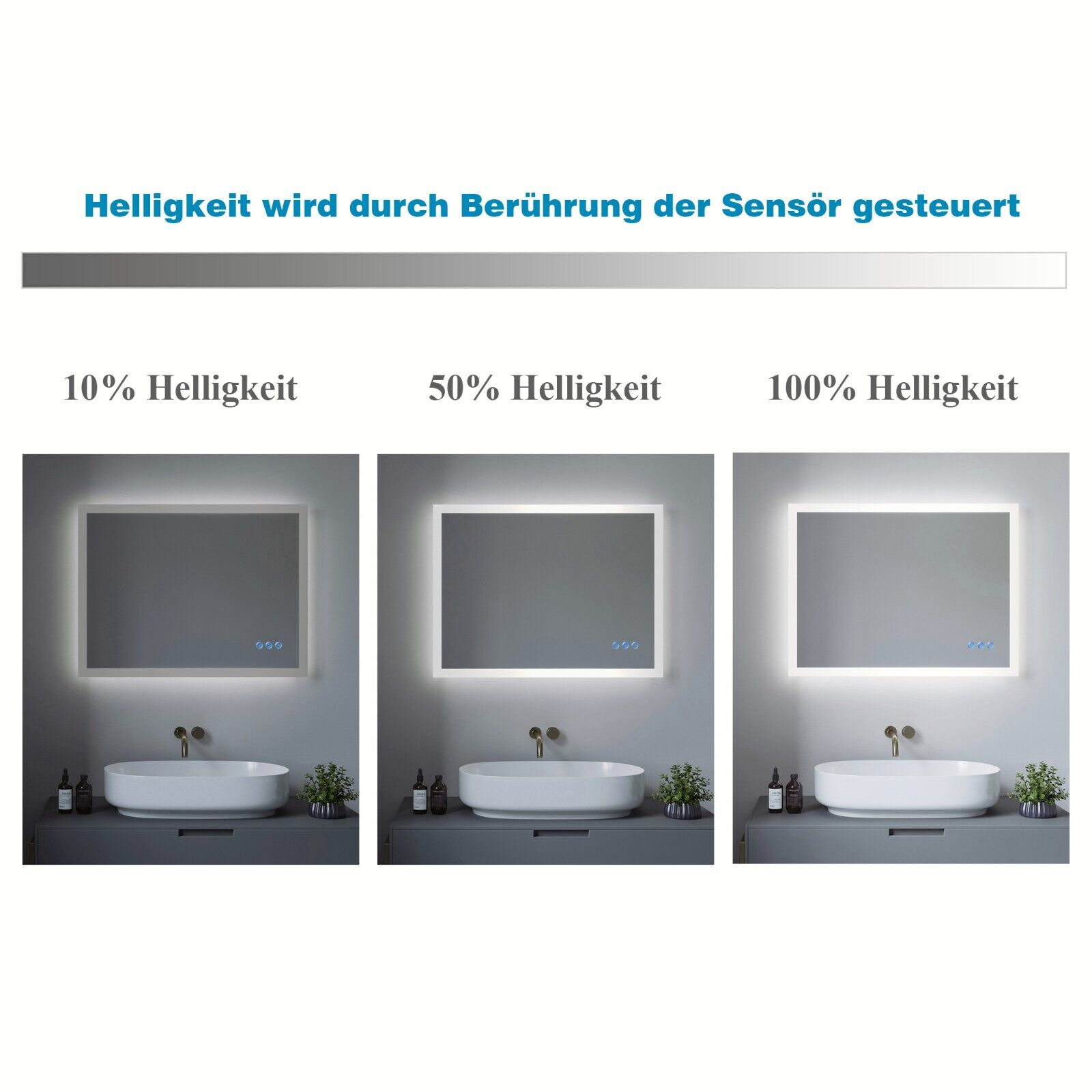 Eine Badezimmerszene mit drei beleuchteten Spiegeln, die unterschiedliche Helligkeitsstufen zeigen. Vorne sind ein Waschbecken und Pflanzen.
