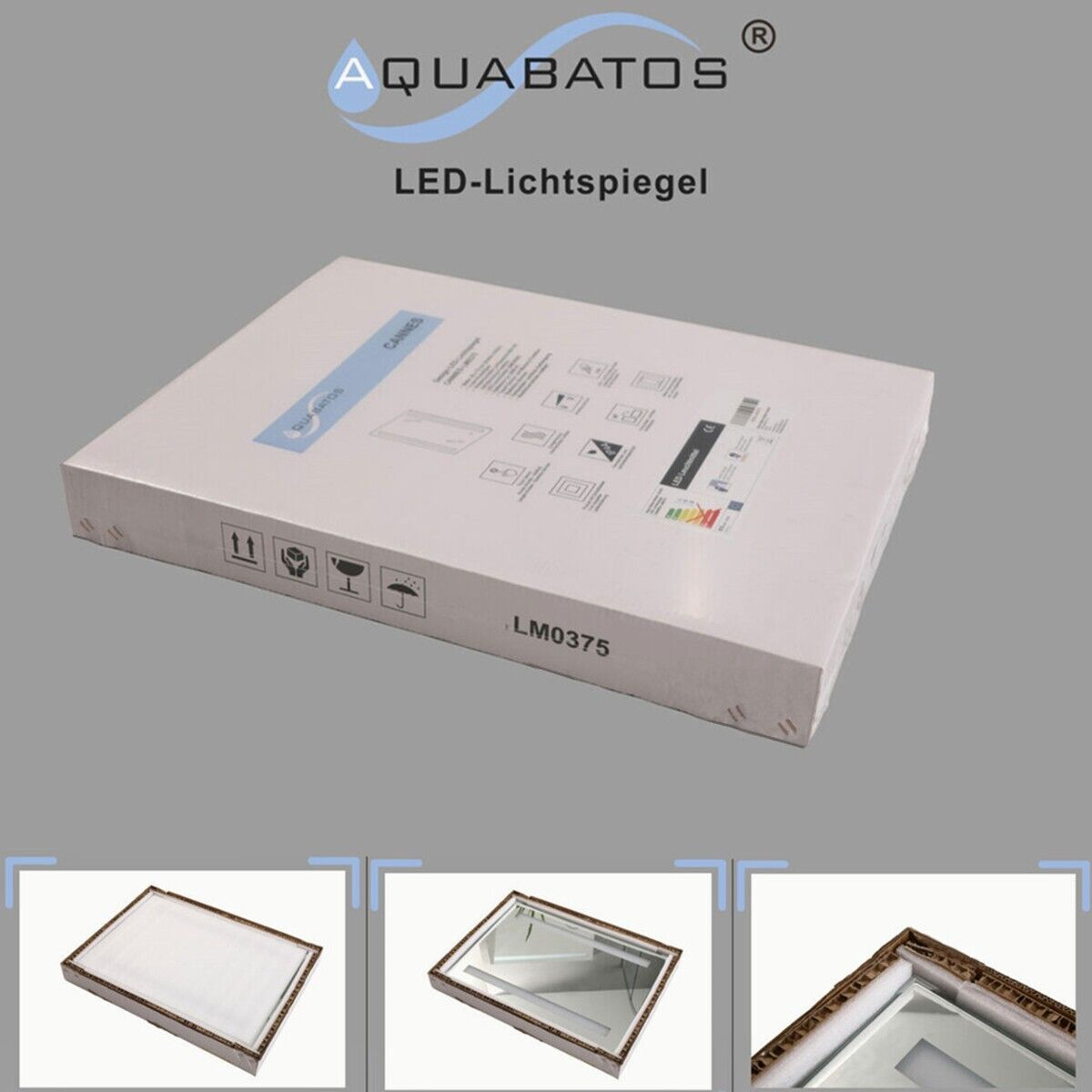 Eine weiße Box mit dem Aquabatos-Logo, darunter drei kleinere Bilder des Produkts.