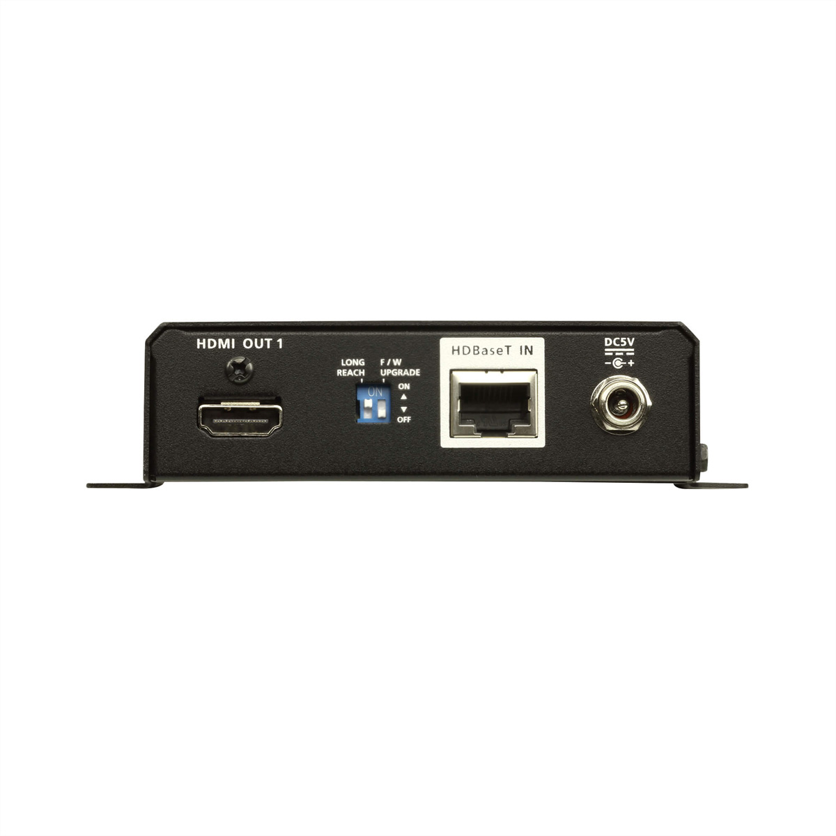 Schwarzer HDMI-Extender mit Anschlüssen: HDMI OUT 1, HDBaseT IN und DC5V. Blauer Schalter und Ethernet-Port.