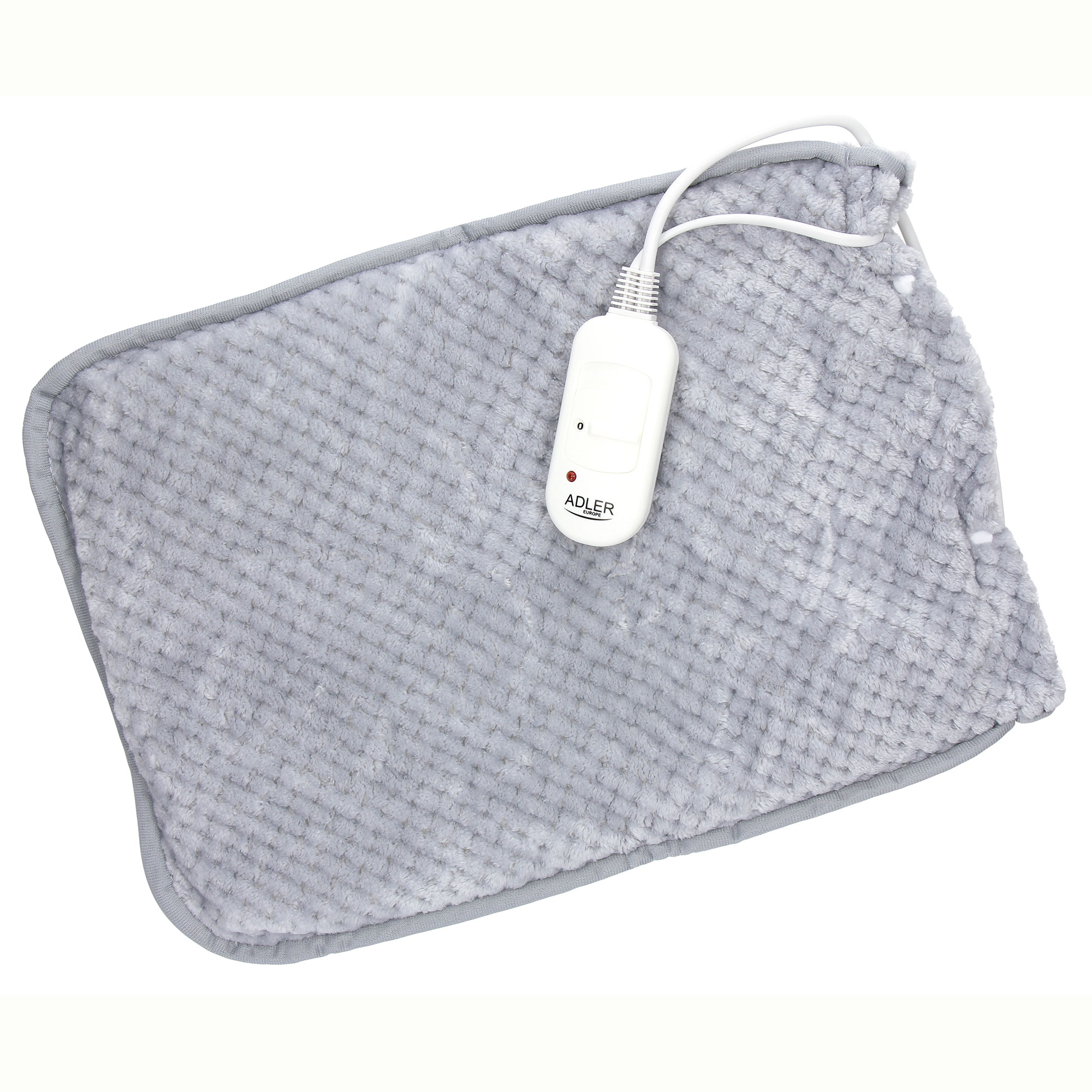 Almohadilla térmica rectangular gris con panel de control blanco y cable adjunto. Aislada sobre blanco.