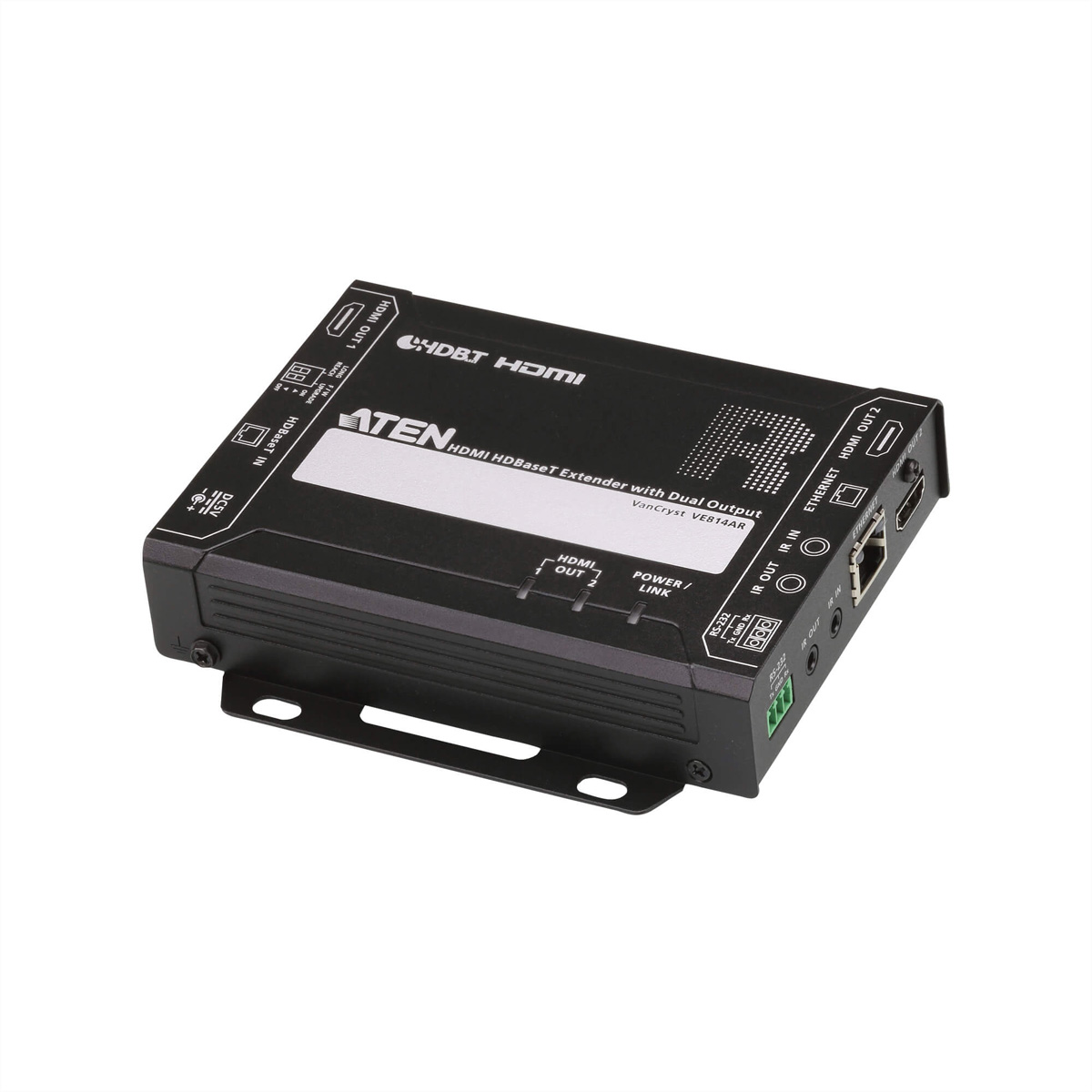 Schwarzer HDMI-Extender mit mehreren Anschlüssen und Beschriftungen. Winkelansicht, weißer Hintergrund.