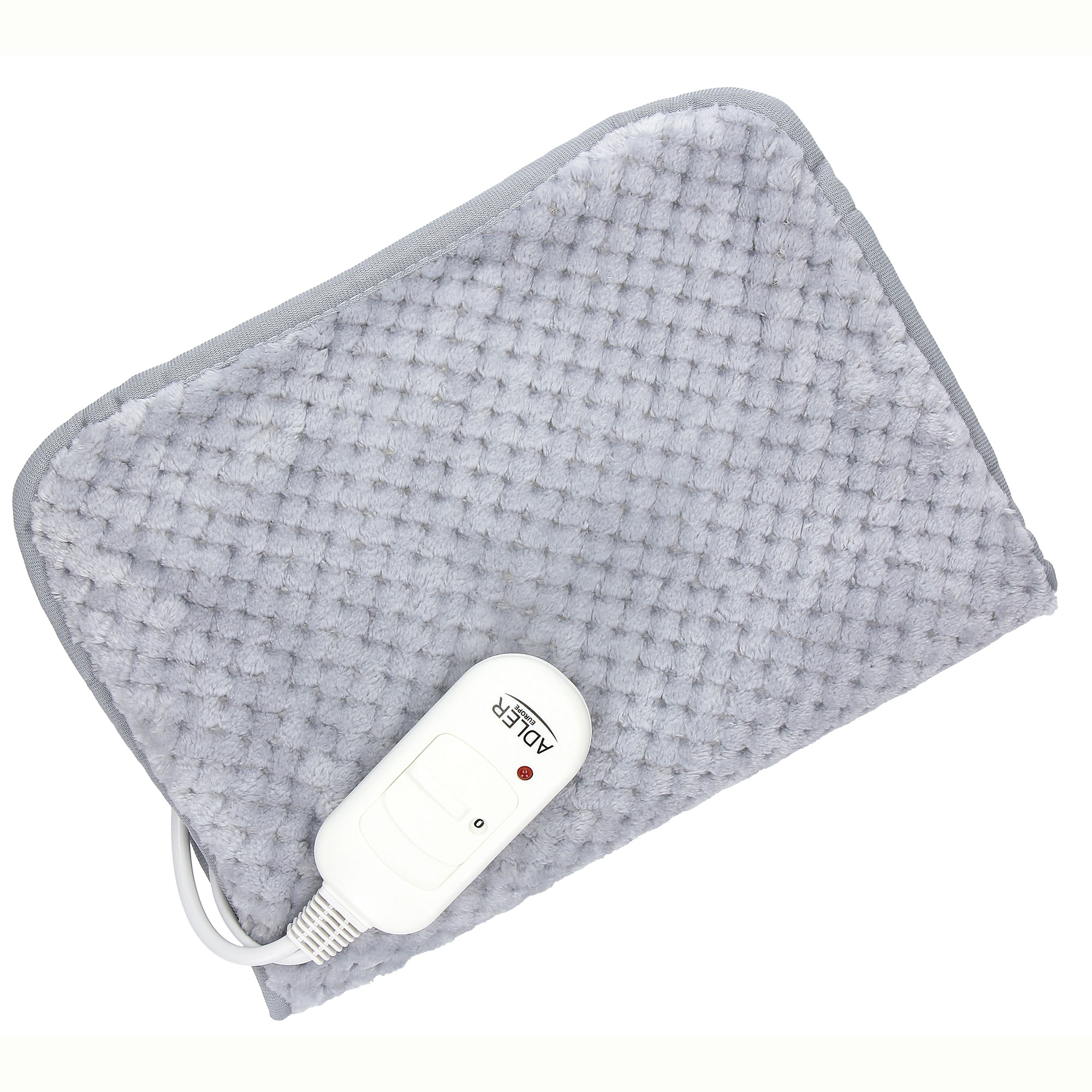 Una almohadilla térmica gris con un panel de control blanco y un cable de alimentación.