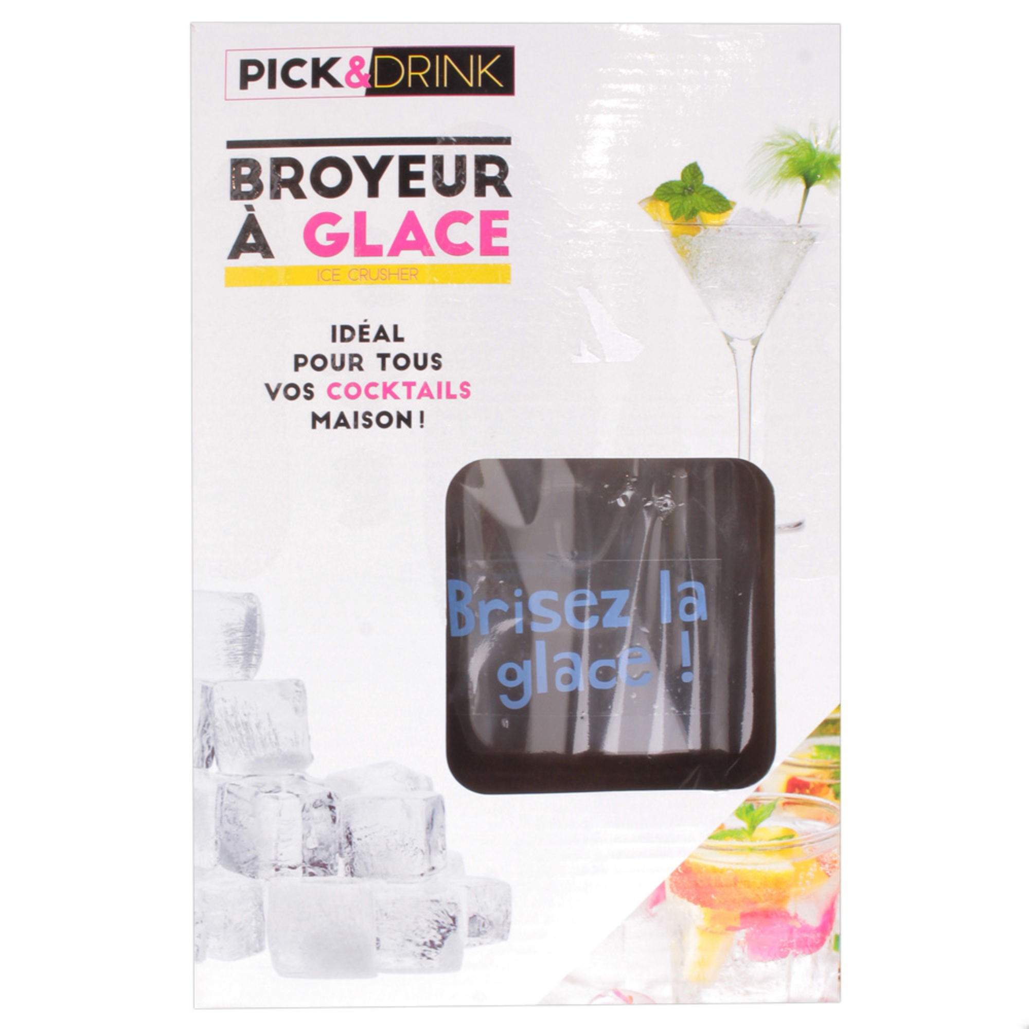 Scatola per un frullatore di ghiaccio. Il testo recita 'BROYEUR A GLACE ICE CRUSHER' e 'Brisez la glace!'.