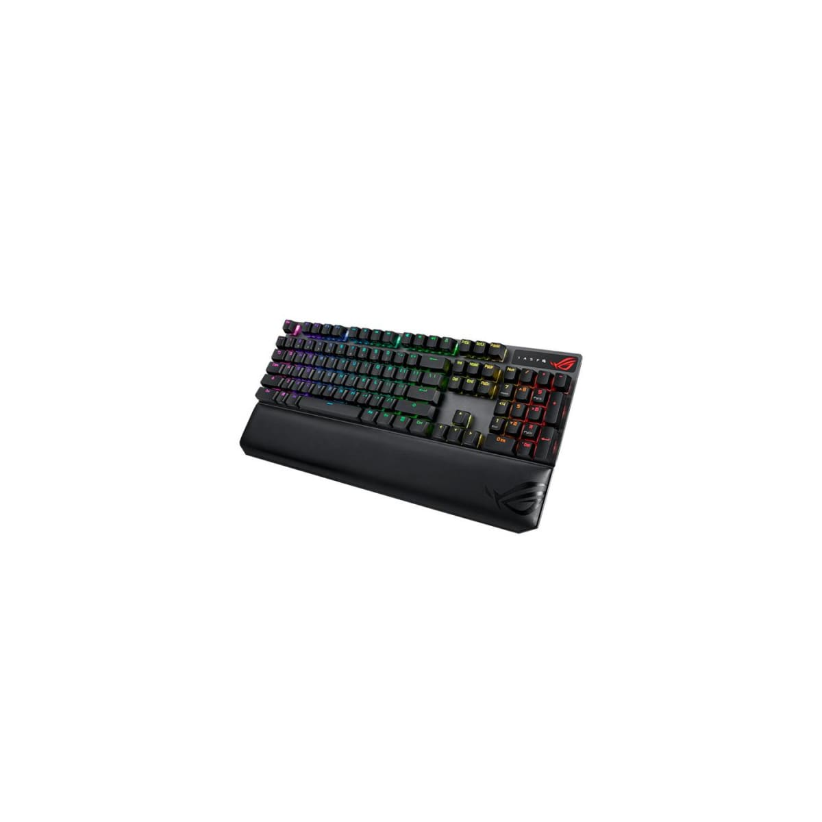 Un teclado ROG negro con teclas coloridas, reposamuñecas y un logotipo.
