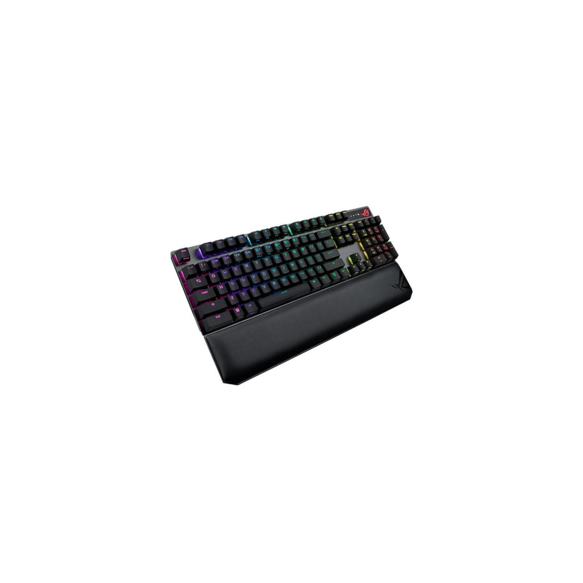 Teclado gaming RGB con reposamuñecas. Teclado negro con teclas multicolores. Aislado en blanco.