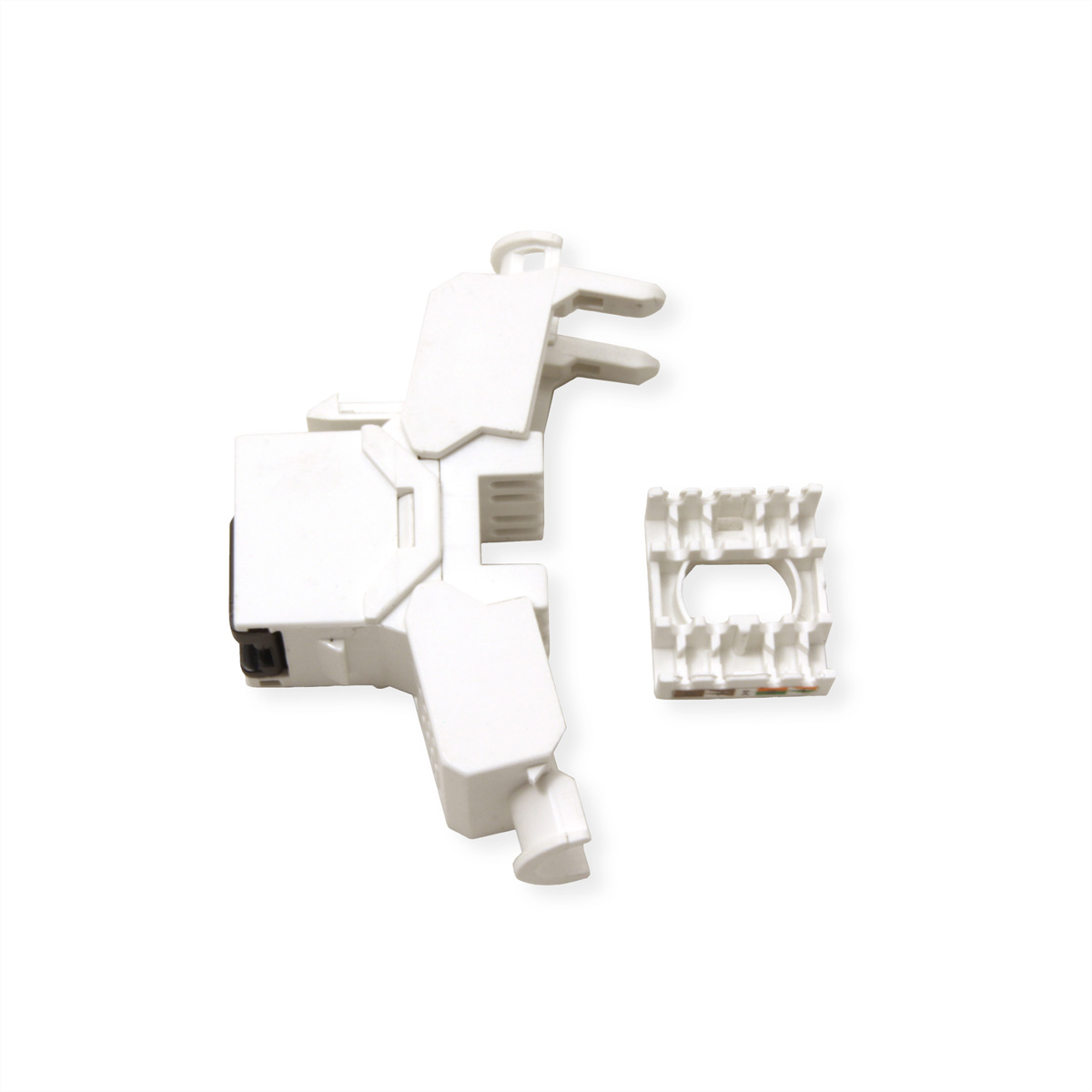 Composant électrique en plastique blanc. Deux parties sont montrées. L'une est attachée à l'autre.