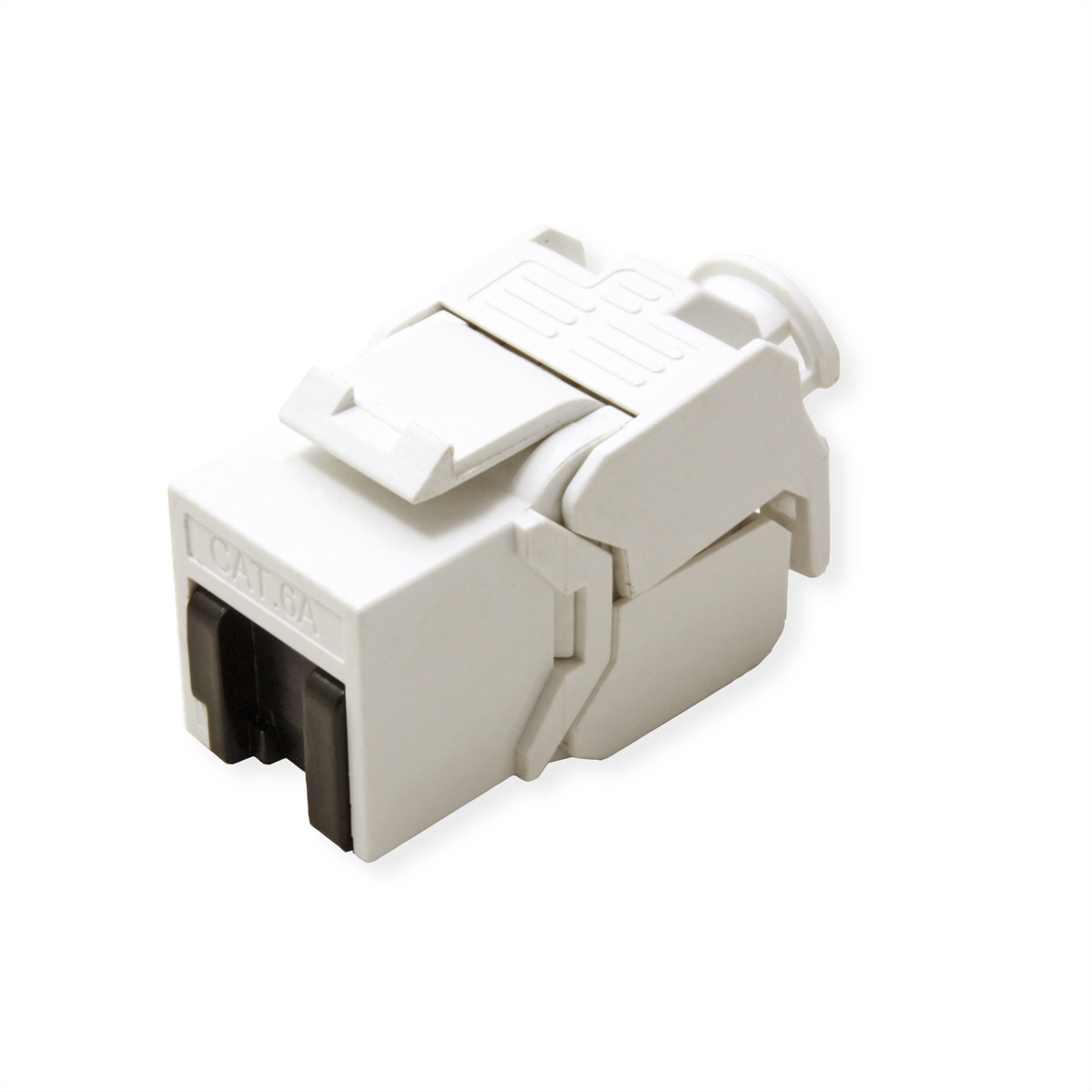 Une prise Keystone CAT6A blanche. La prise est rectangulaire avec un insert noir. Fond blanc.