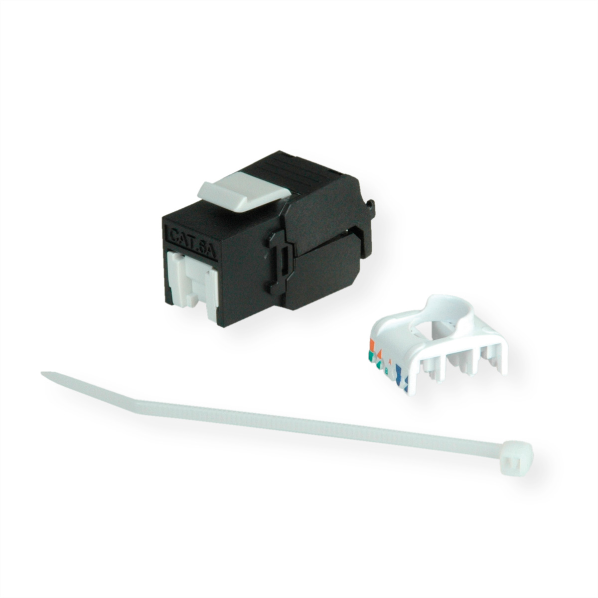 Un jack keystone Cat6A noir, une attache de câble et une pièce en plastique blanc pour la gestion des câbles.