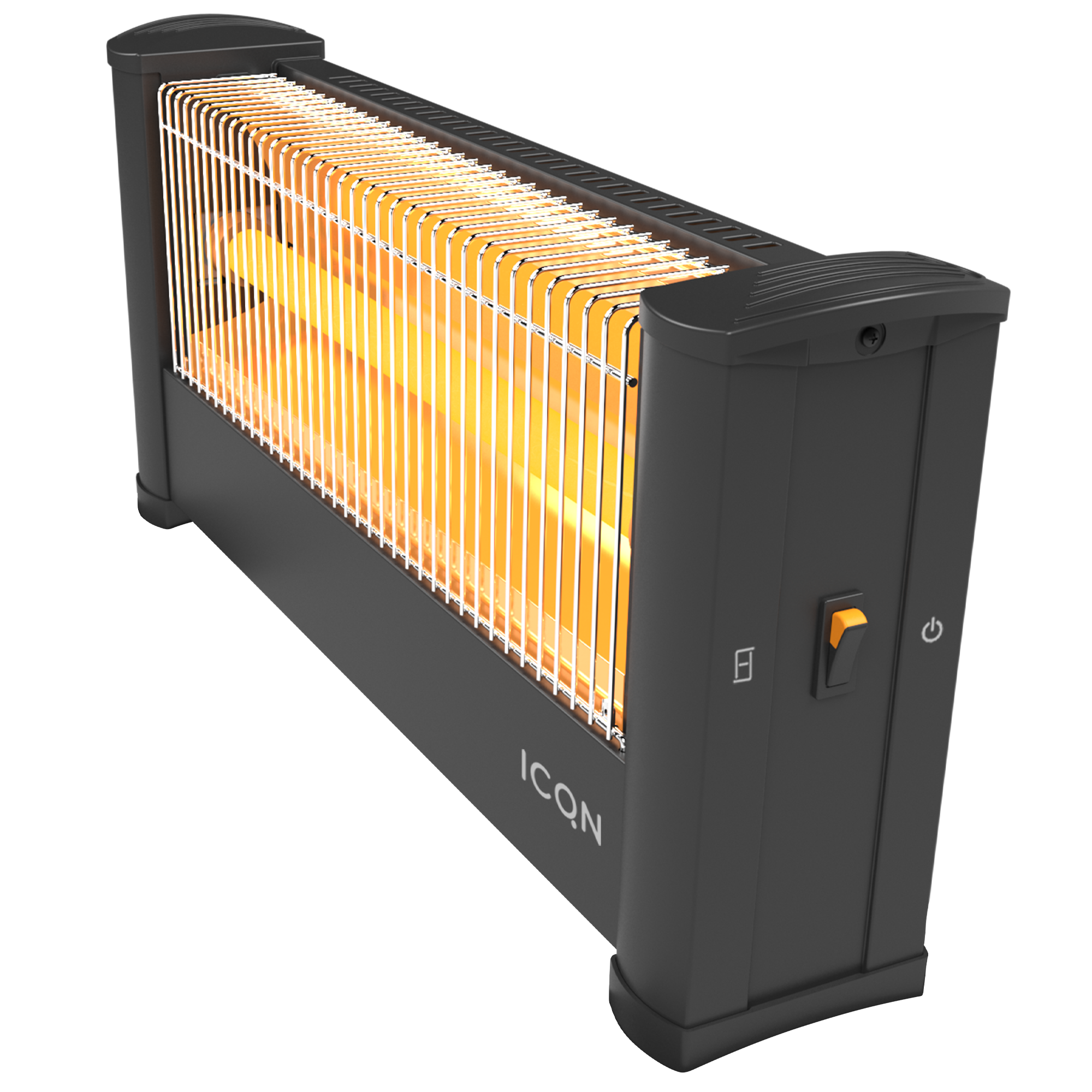 Schwarzer Elektroheizer mit Drahtgitter und orangefarbenem Schalter. Die Marke 'ICON' ist sichtbar.