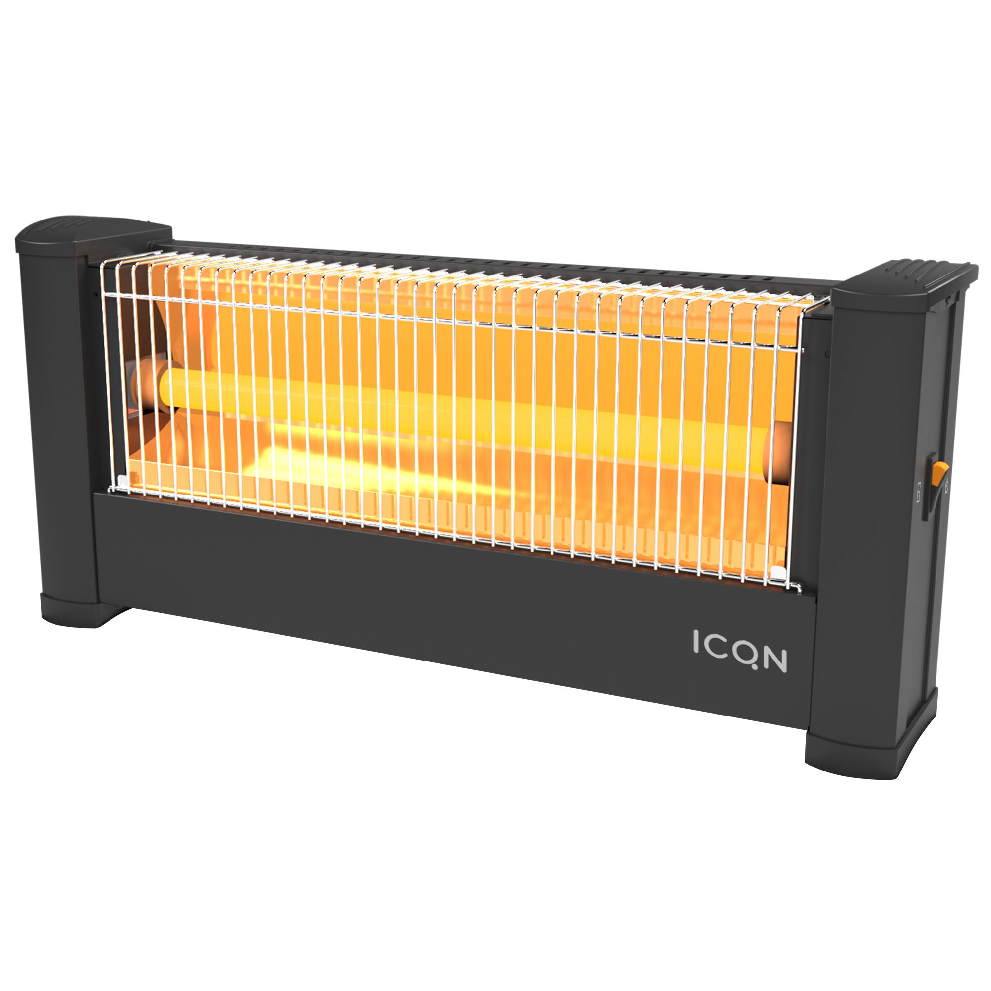 Schwarze elektrische Heizung mit orangefarbenen Glühelementen hinter Drahtgitter.