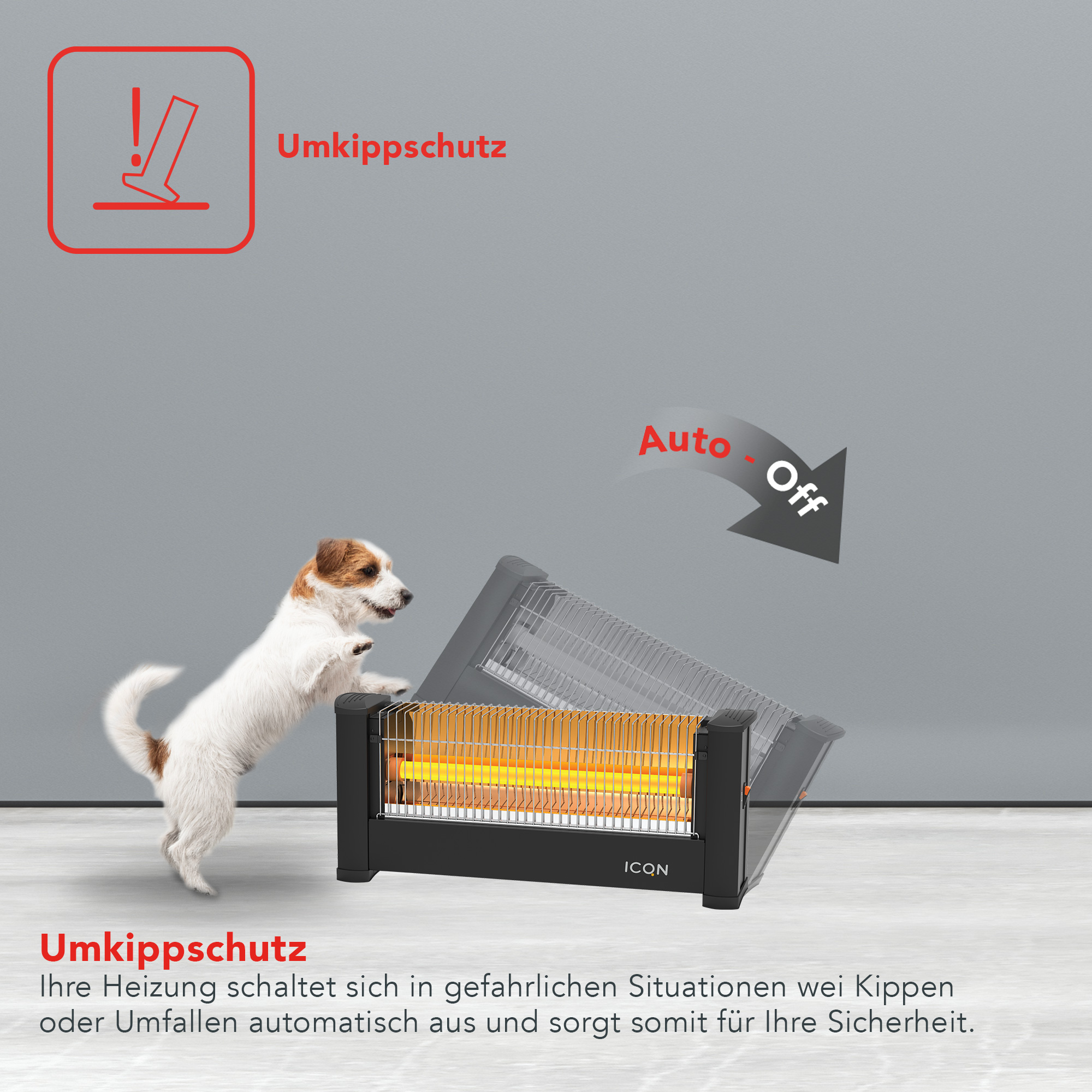 Hund springt auf eine kippende Heizung zu. Text zeigt 'Umkippschutz' und 'Auto Off'.