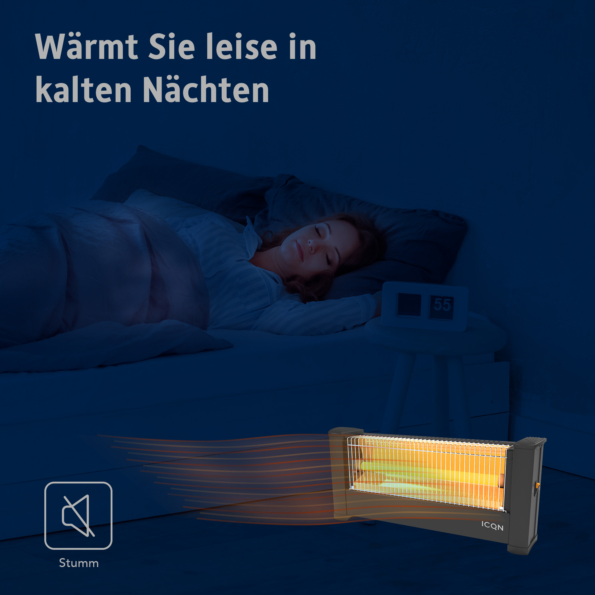 Frau schläft im Bett mit Heizung unten rechts. Dunkelblauer Hintergrund.