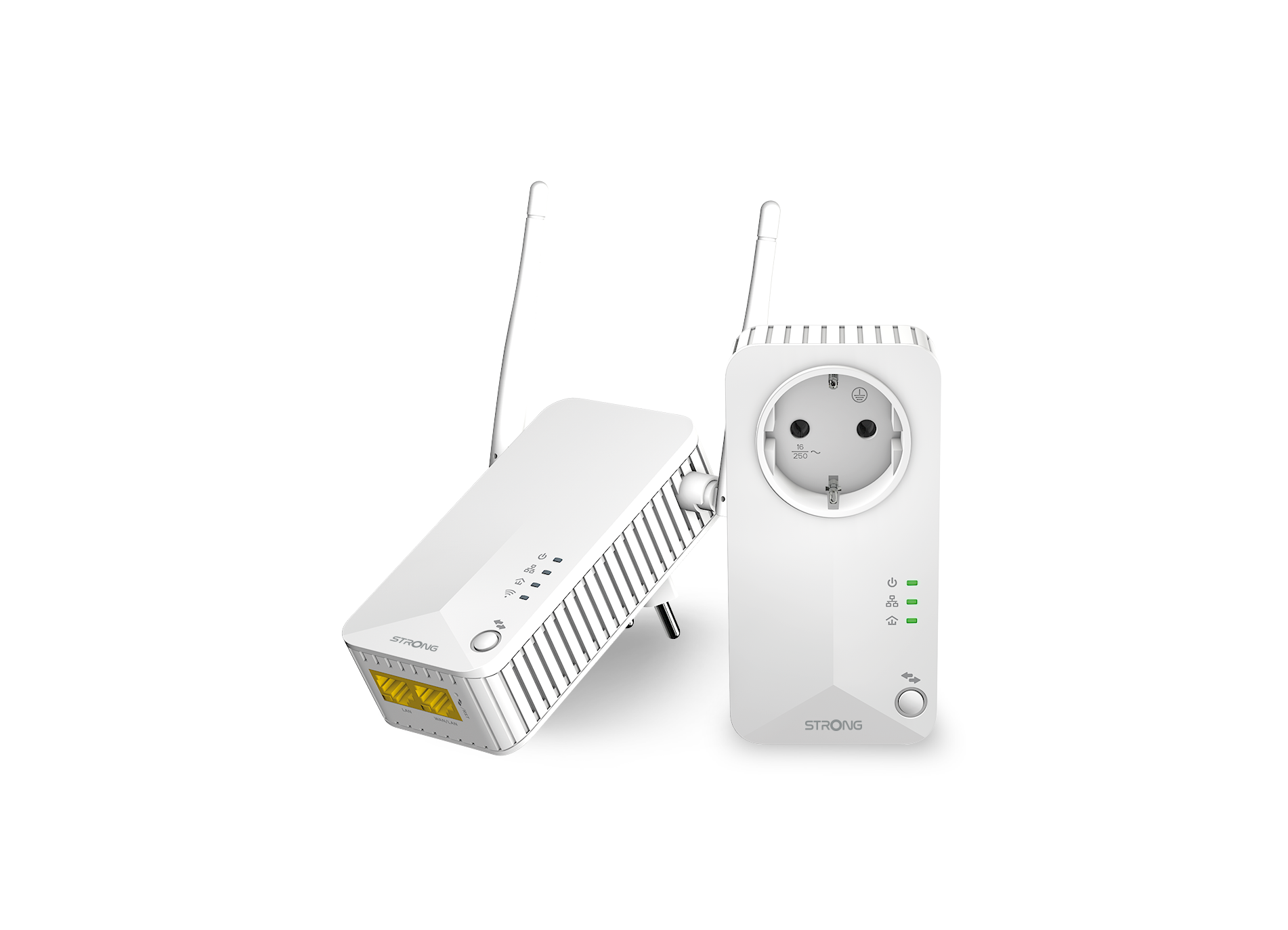 Zwei weiße WLAN-Repeater mit Antennen und eine Steckdose.