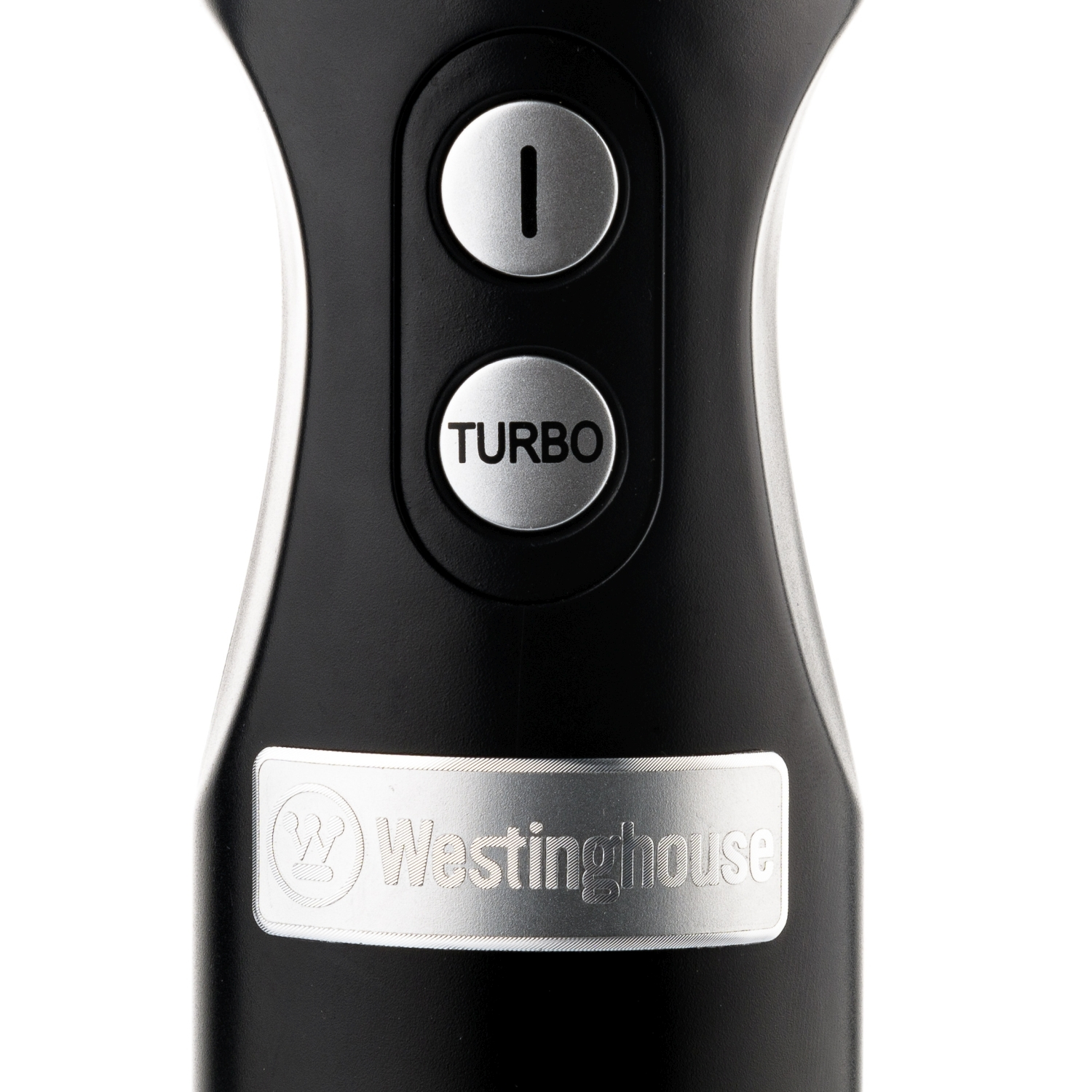 Nahaufnahme eines schwarzen und silbernen Westinghouse-Handmixers mit Turbotaste.