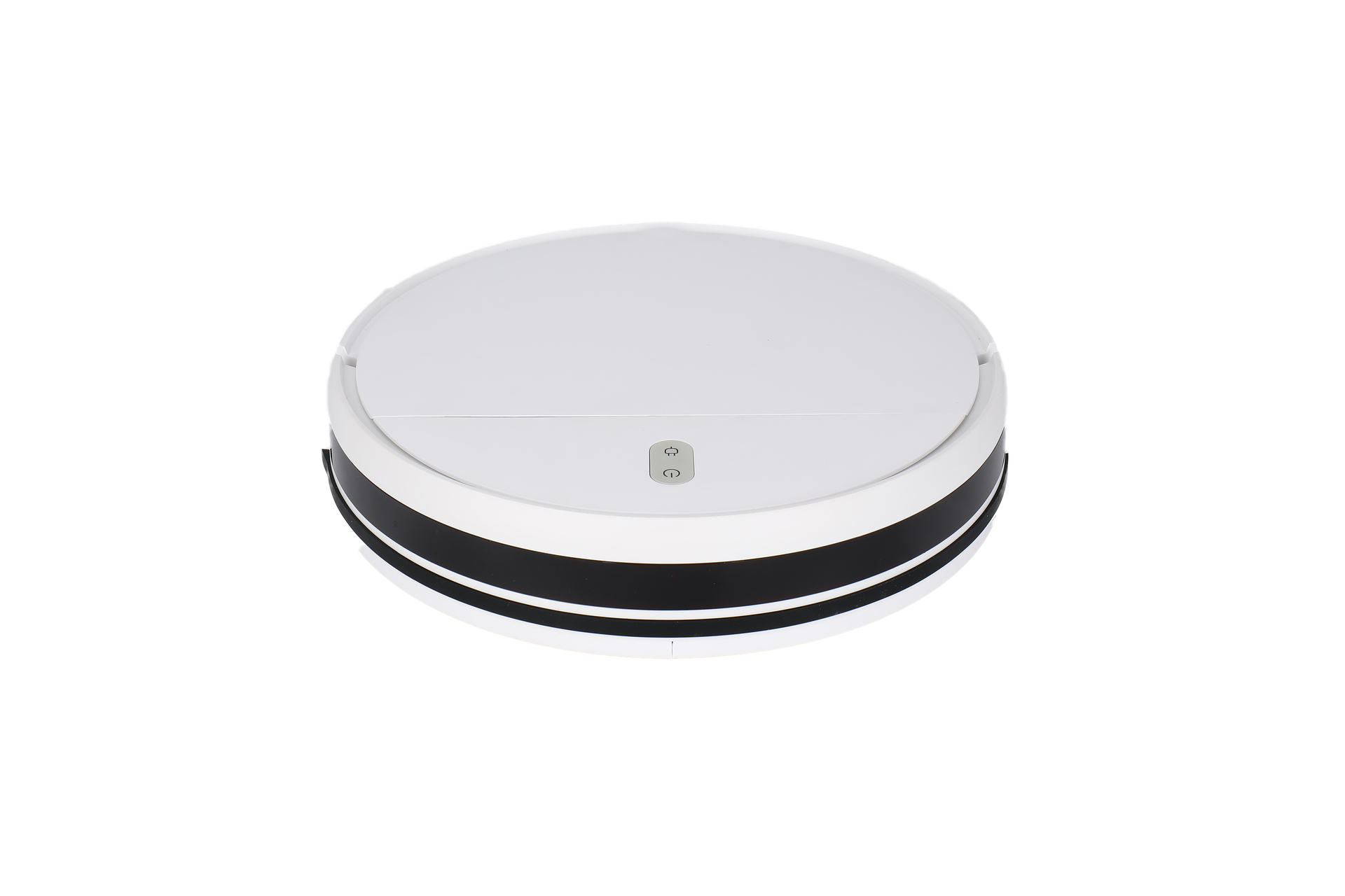Biały, okrągły odkurzacz automatyczny z dwoma przyciskami i czarnym paskiem.