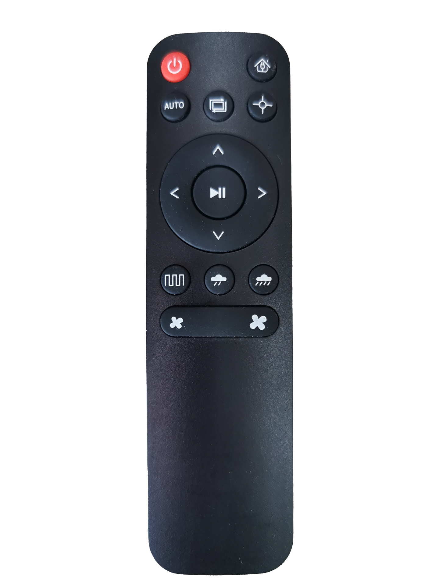 Czarny pilot z różnymi przyciskami, w tym zasilania, auto i kontrolkami kierunkowymi.