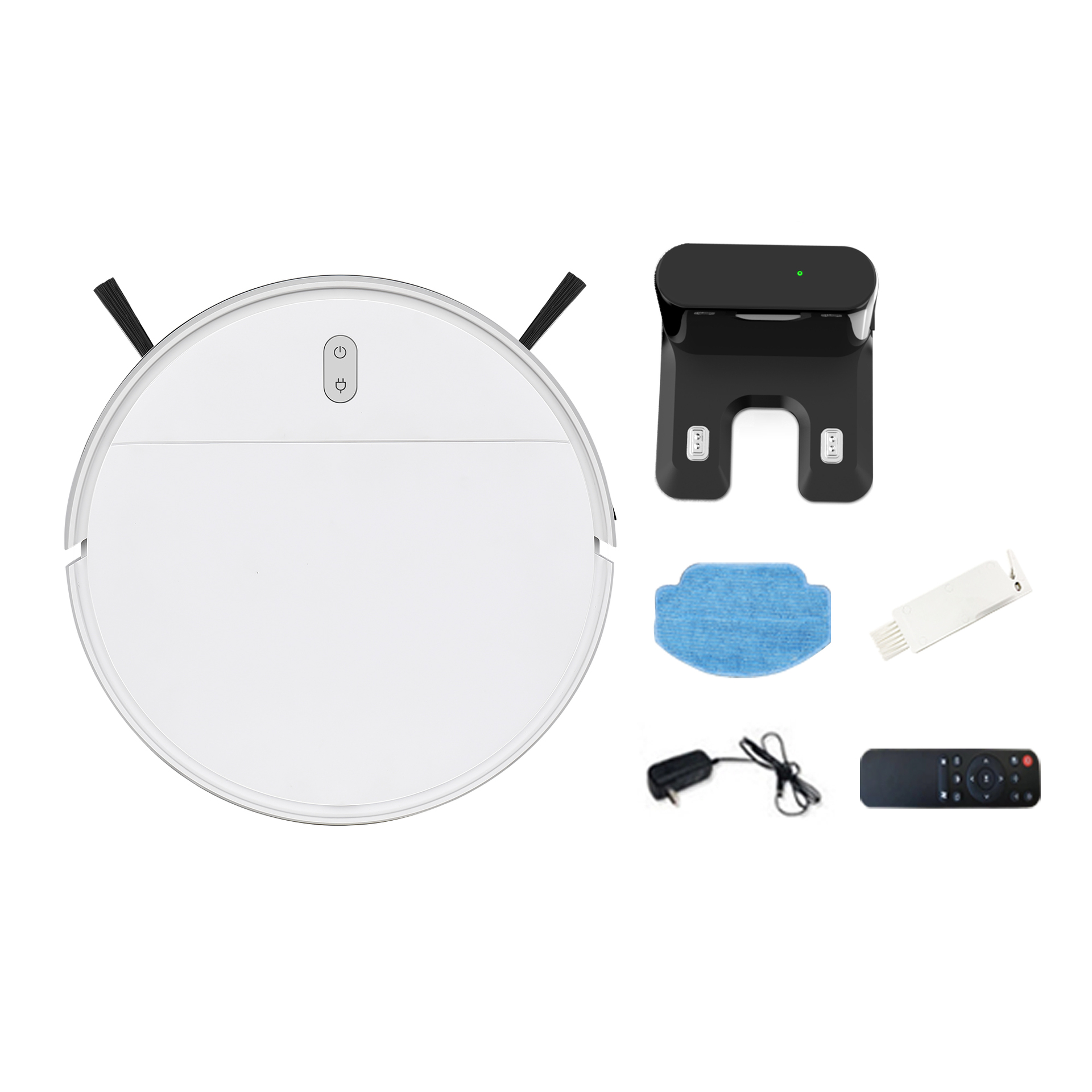 Biały odkurzacz robot z akcesoriami. Stacja ładująca, kabel ładujący i pilot.
