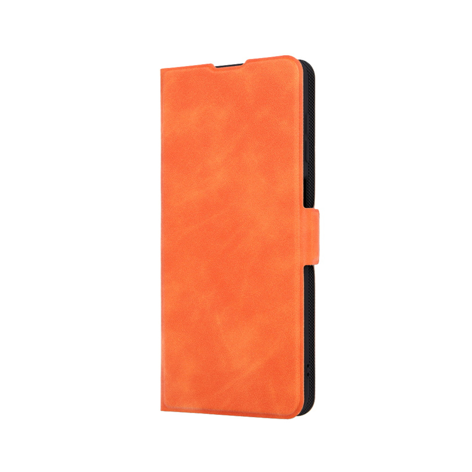 Orangene Handyhülle geschlossen, mit Magnetverschluss. Das Telefon ist nicht sichtbar.