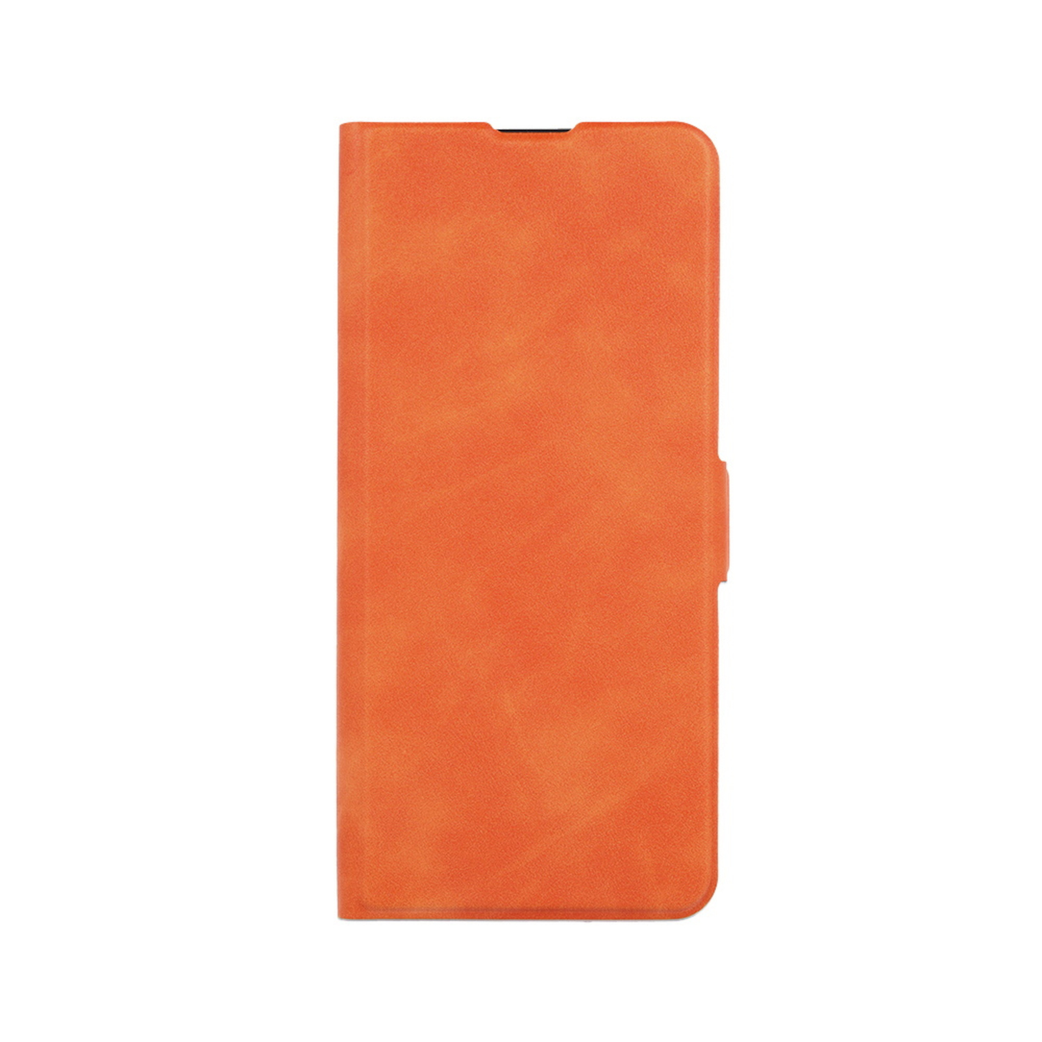 Orangefarbene, geschlossene Handyhülle mit strukturierter Oberfläche, isoliert auf weißem Hintergrund.
