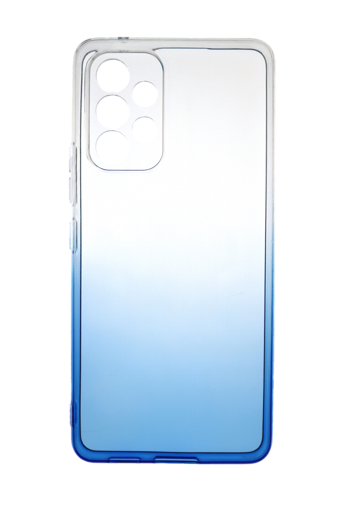 Transparente Handyhülle mit blauem Farbverlauf. Weißer Hintergrund.