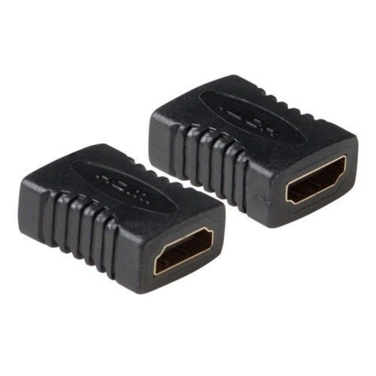 Zwei schwarze HDMI-Adapter. Sie haben eine rechteckige Form und Buchsen an beiden Enden.