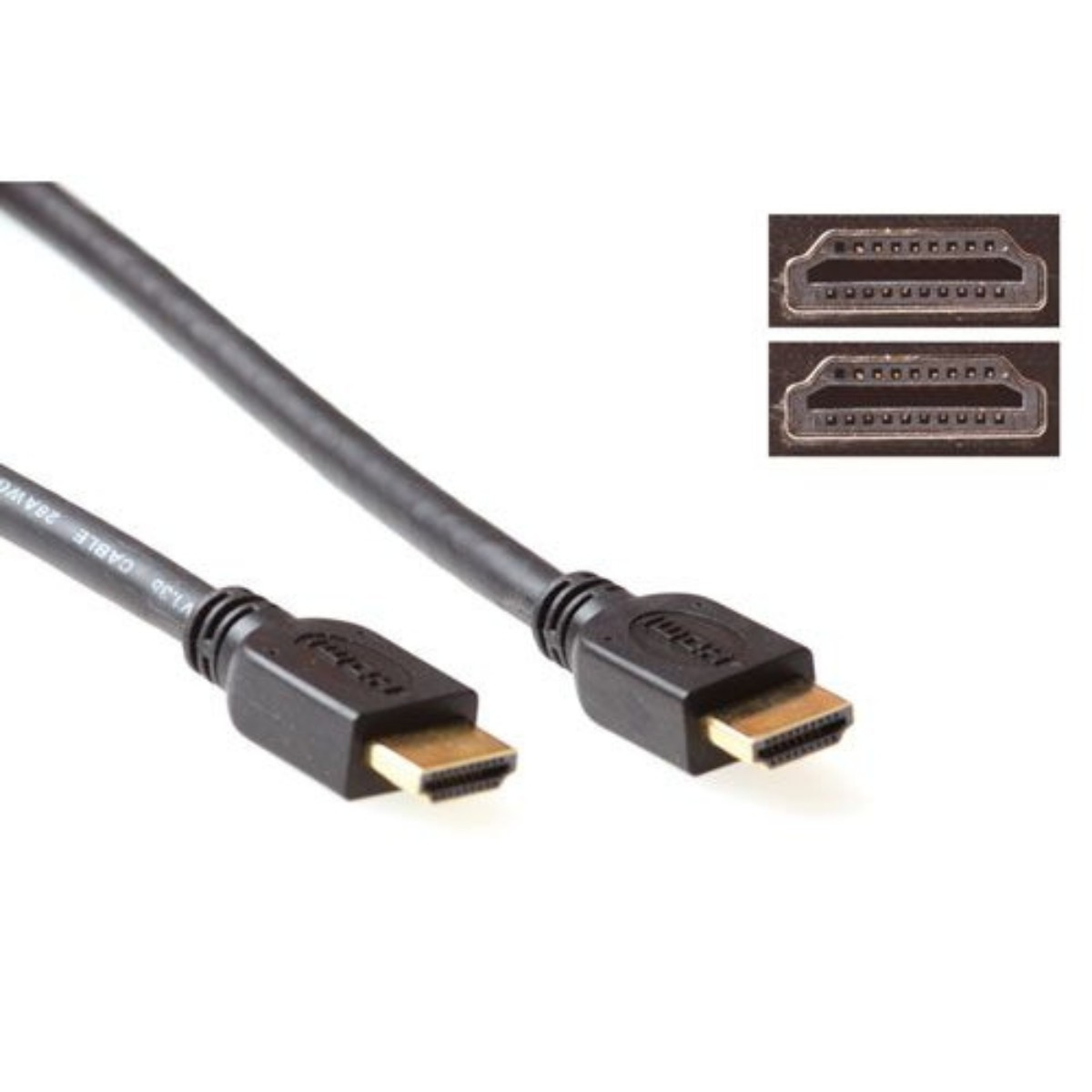 Ein schwarzes HDMI-Kabel mit Steckern, zusammen mit Nahaufnahmen der Steckerenden.