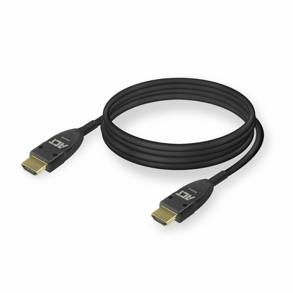Zwarte HDMI-kabel met gouden connectoren, opgerold. 'Display' en 'Source' op de uiteinden.