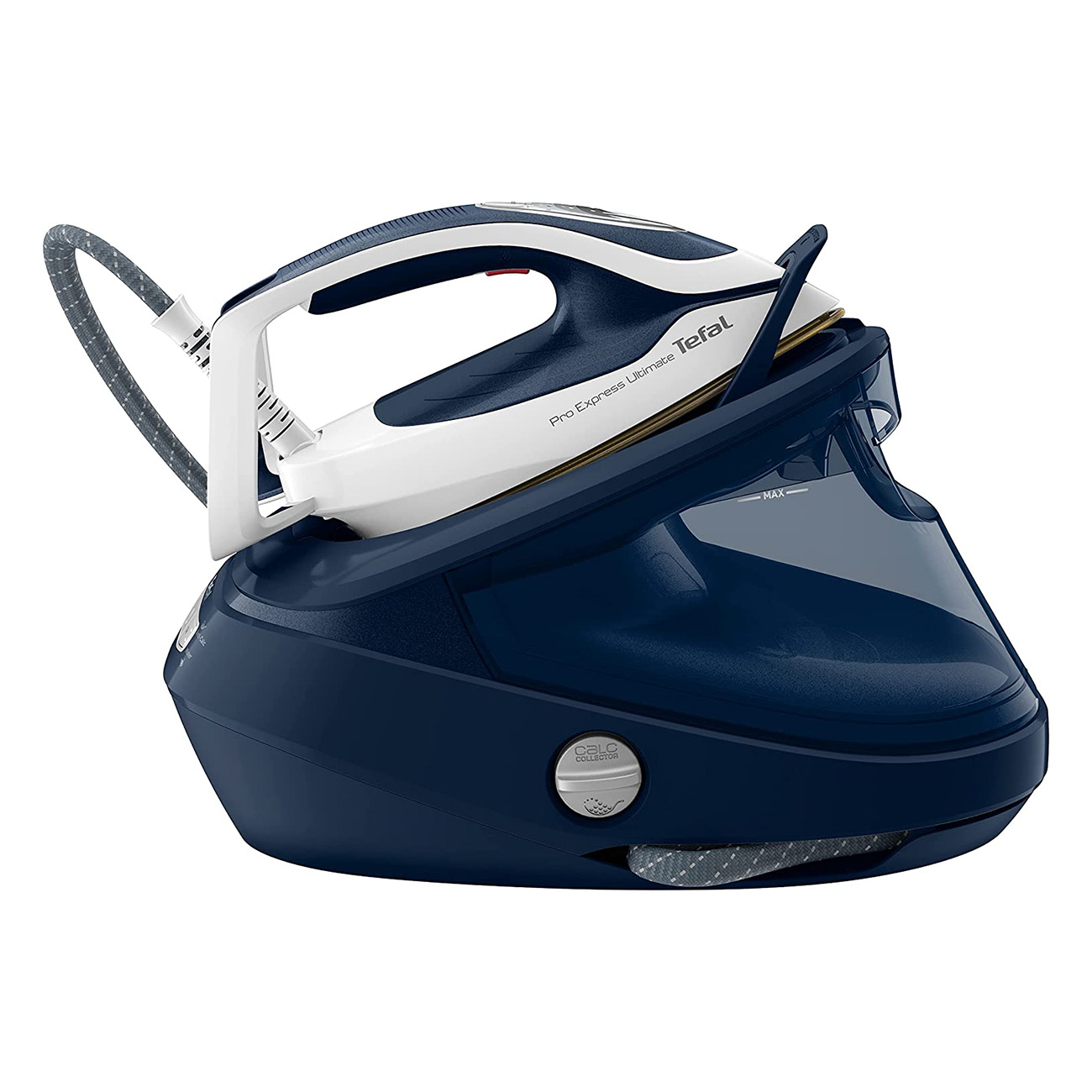 Weißes und blaues Tefal-Bügeleisen mit blauem Sockel und grauem Schlauch, auf weißem Grund.