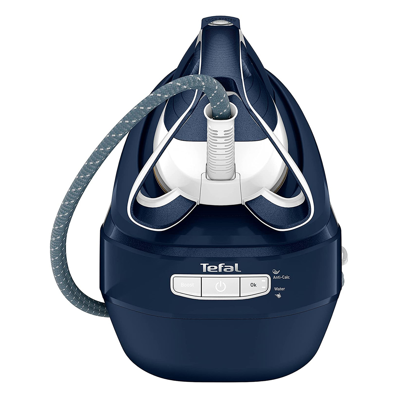 Ein dunkelblaues Tefal Dampfbügeleisen mit grauem Schlauch und weißen Details.