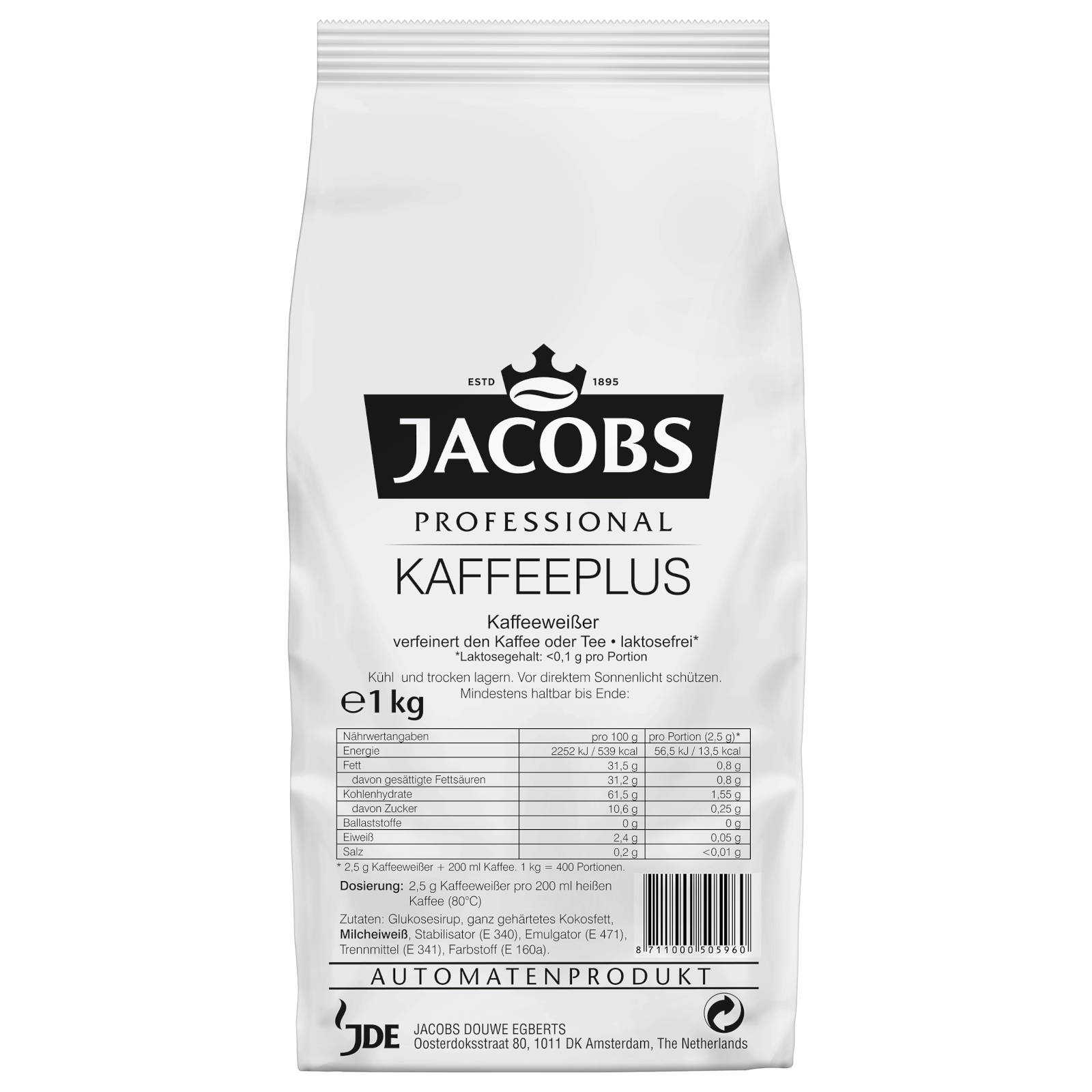 Weißer Beutel Jacobs Kaffeepus Kaffee. Nährwertangaben und Logo sind auf der Vorderseite gedruckt.