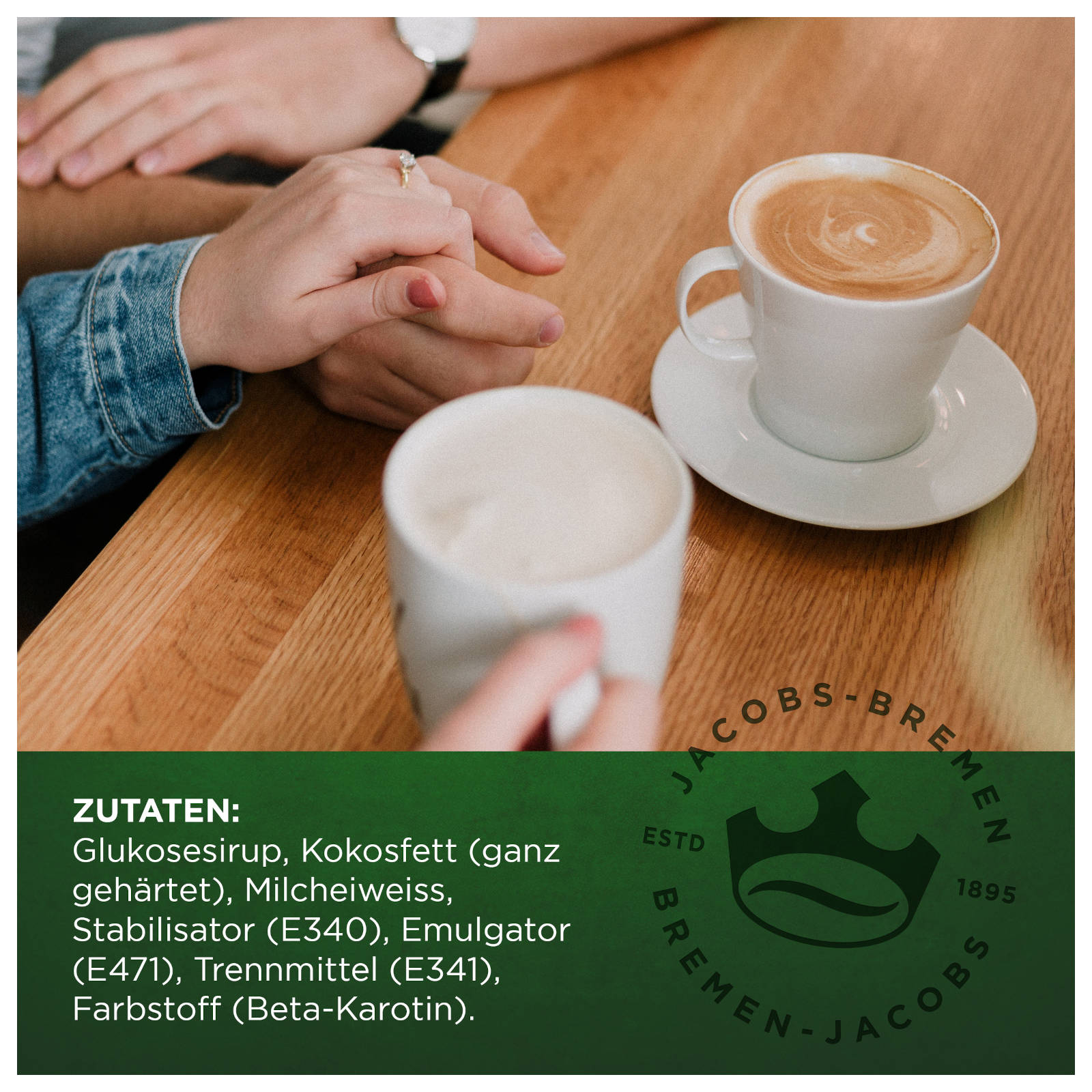 Zwei Personen mit Kaffeetassen, eine mit Ring, und Zutaten Text unten.