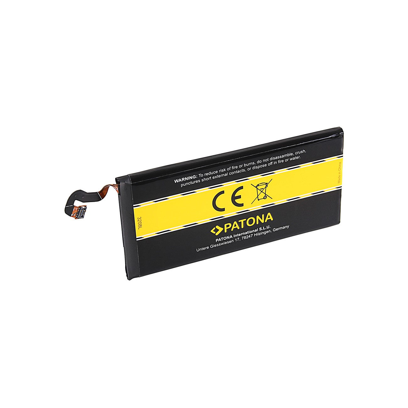 Eine schwarz-gelbe Batteriezelle. Text: Warnung: Brand- oder Verbrennungsgefahr. Markenname: Patona.