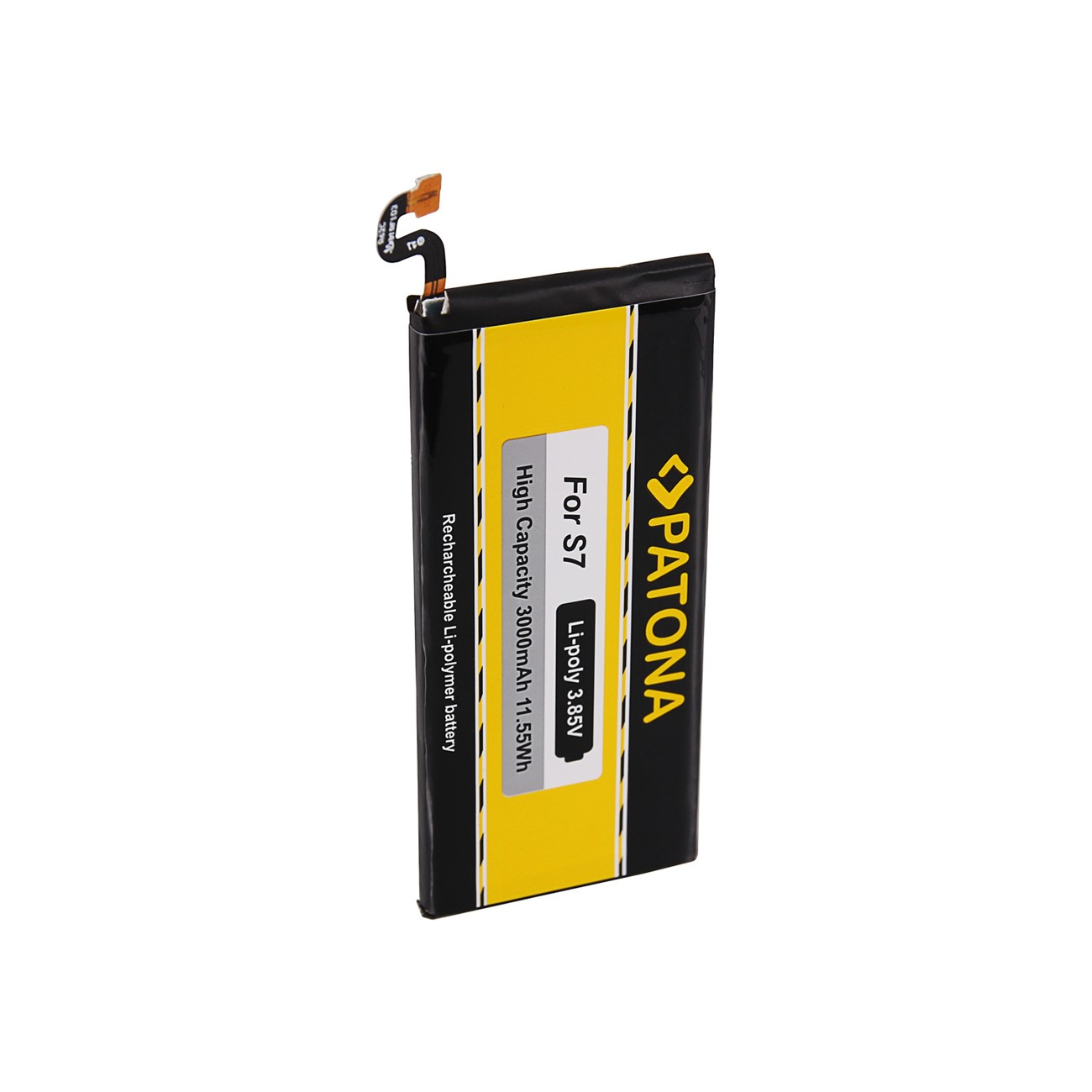 Schwarz-gelber Akku mit Text: Für S7, 3000mAh, Patona.