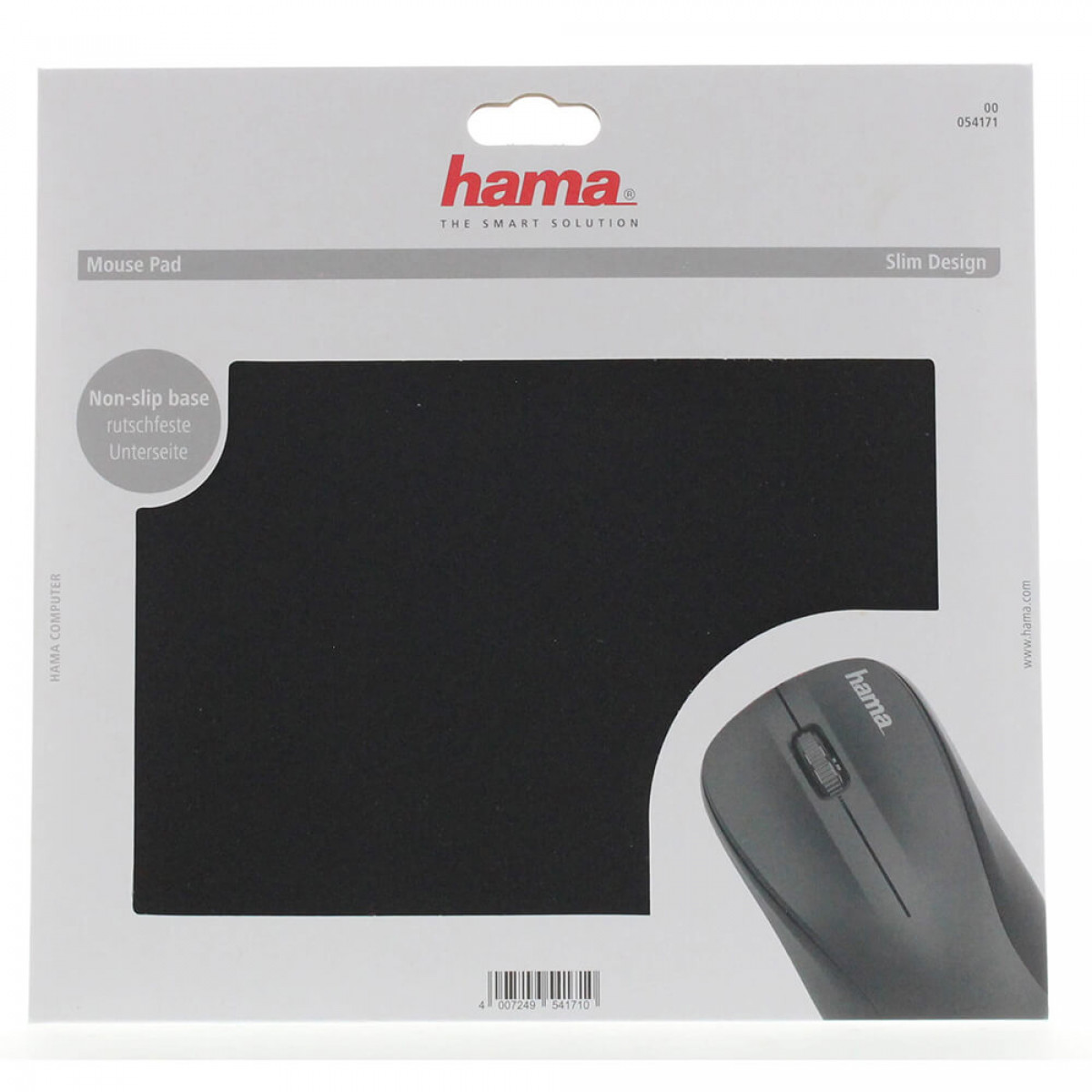 Ein schwarzes Mauspad mit weißer Verpackung, zeigt eine Maus und ein Pad.