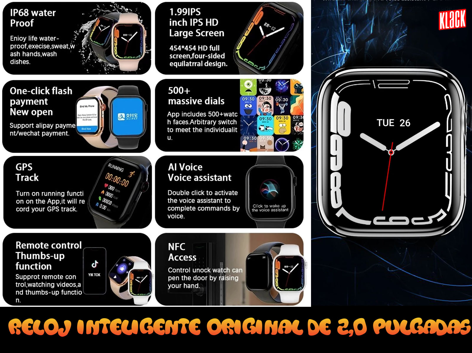 Un smartwatch con múltiples funciones, incluyendo seguimiento GPS, opciones de pago y asistente de voz.