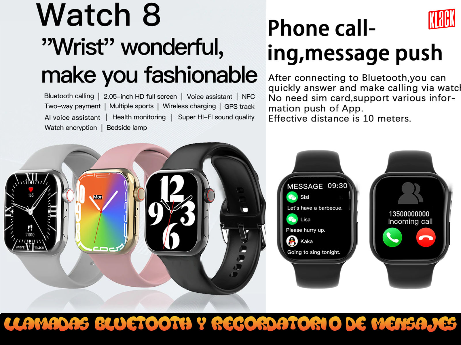 Smartwatch con esferas, texto sobre funciones y recordatorio de mensajes.