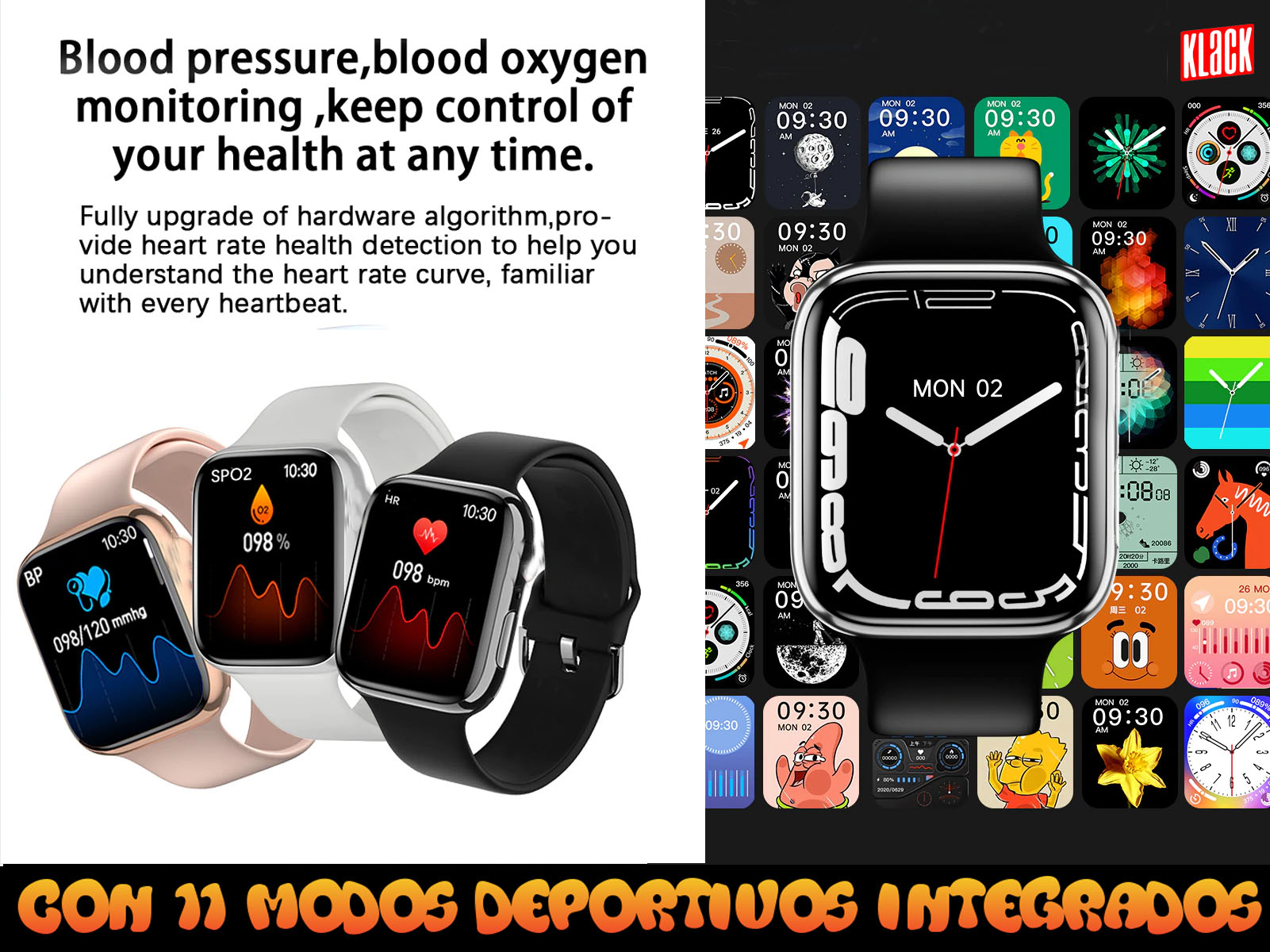 Smartwatches que muestran métricas de salud, con varias esferas. Texto sobre presión arterial y oxígeno.