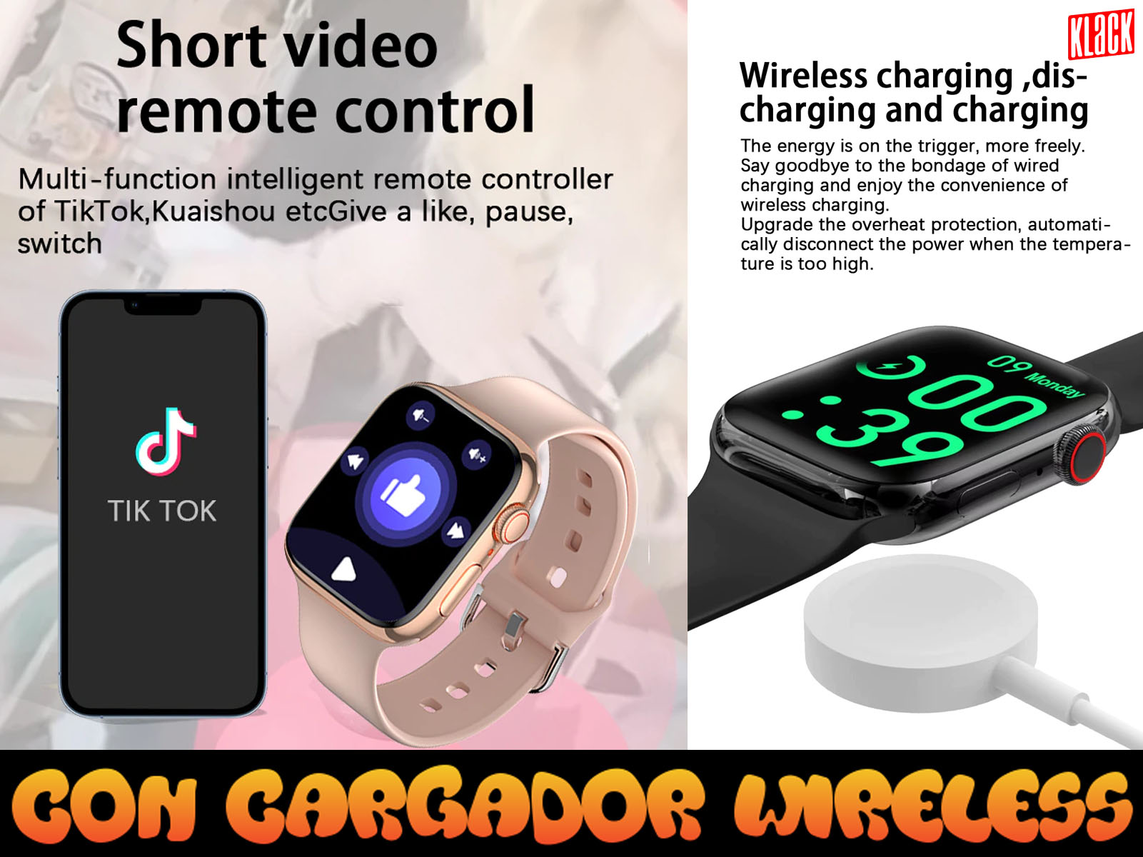 Smartwatch y teléfono muestran funciones de control remoto, carga inalámbrica, sobre fondo blanco.