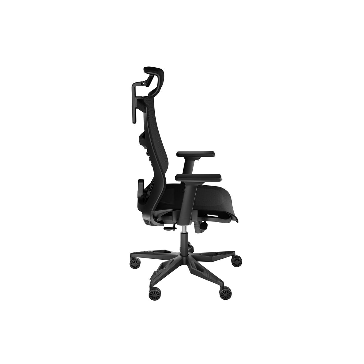 Schwarzer ergonomischer Bürostuhl von der Seite gesehen.