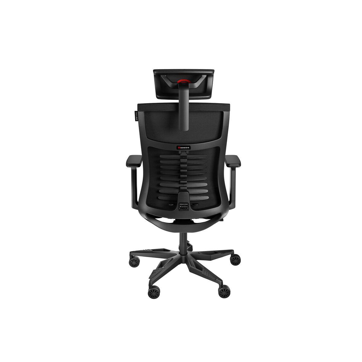 Schwarzer ergonomischer Bürostuhl, von hinten gesehen. Er hat eine Kopfstütze und Räder.