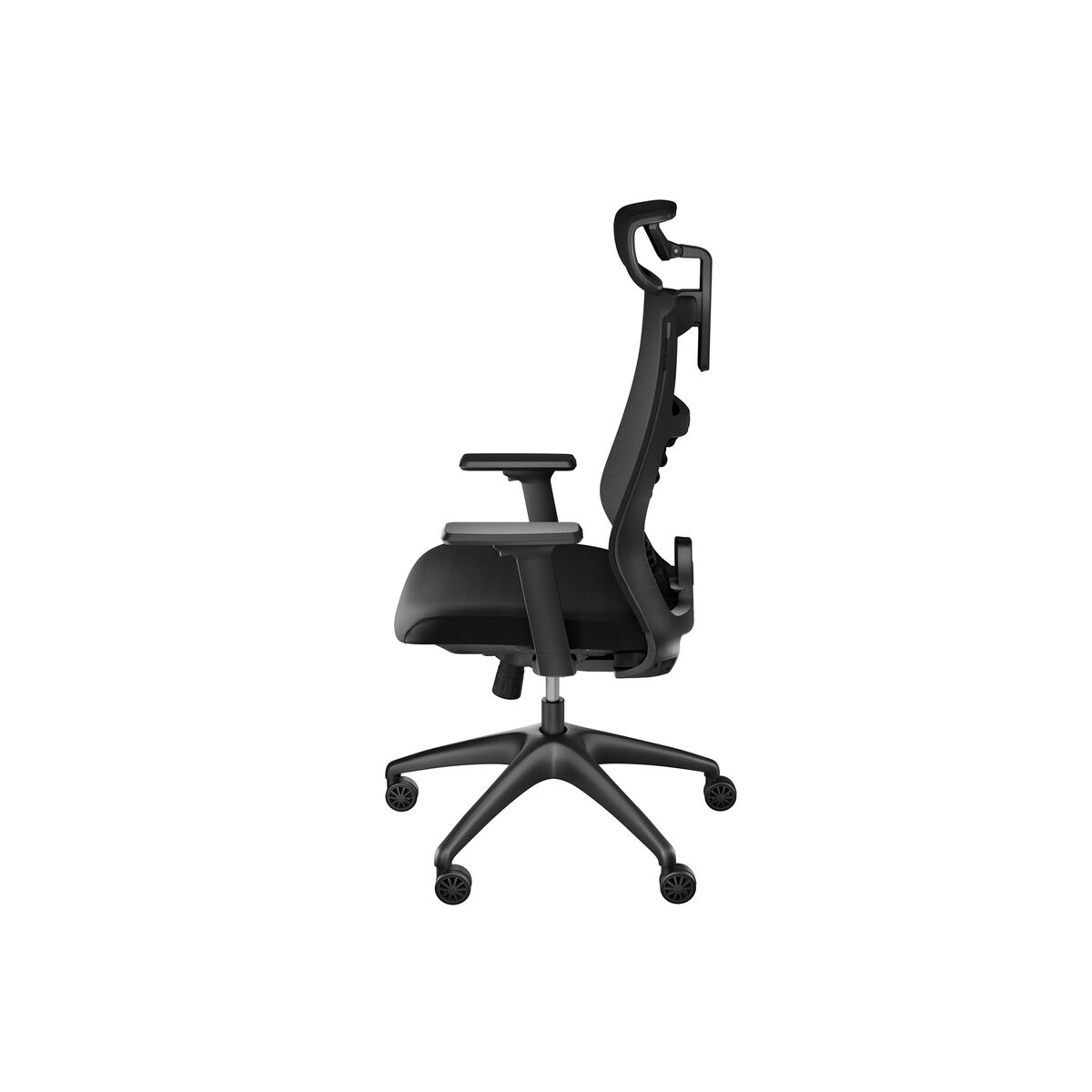 Schwarzer ergonomischer Bürostuhl, Seitenansicht, auf weißem Hintergrund. Er hat eine Kopfstütze.