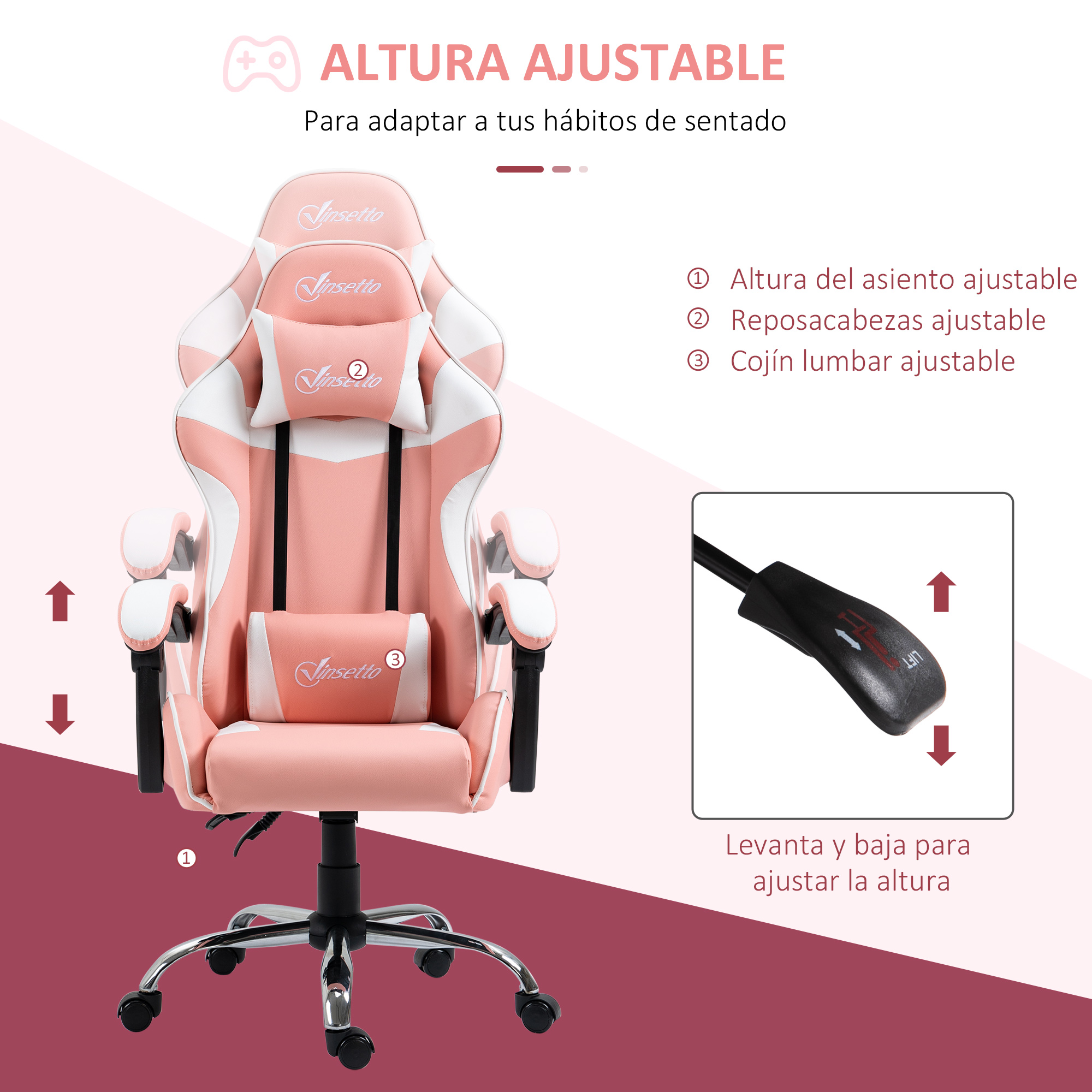 Una silla de juego rosa y blanca ajustable con reposacabezas y soporte lumbar ajustables.