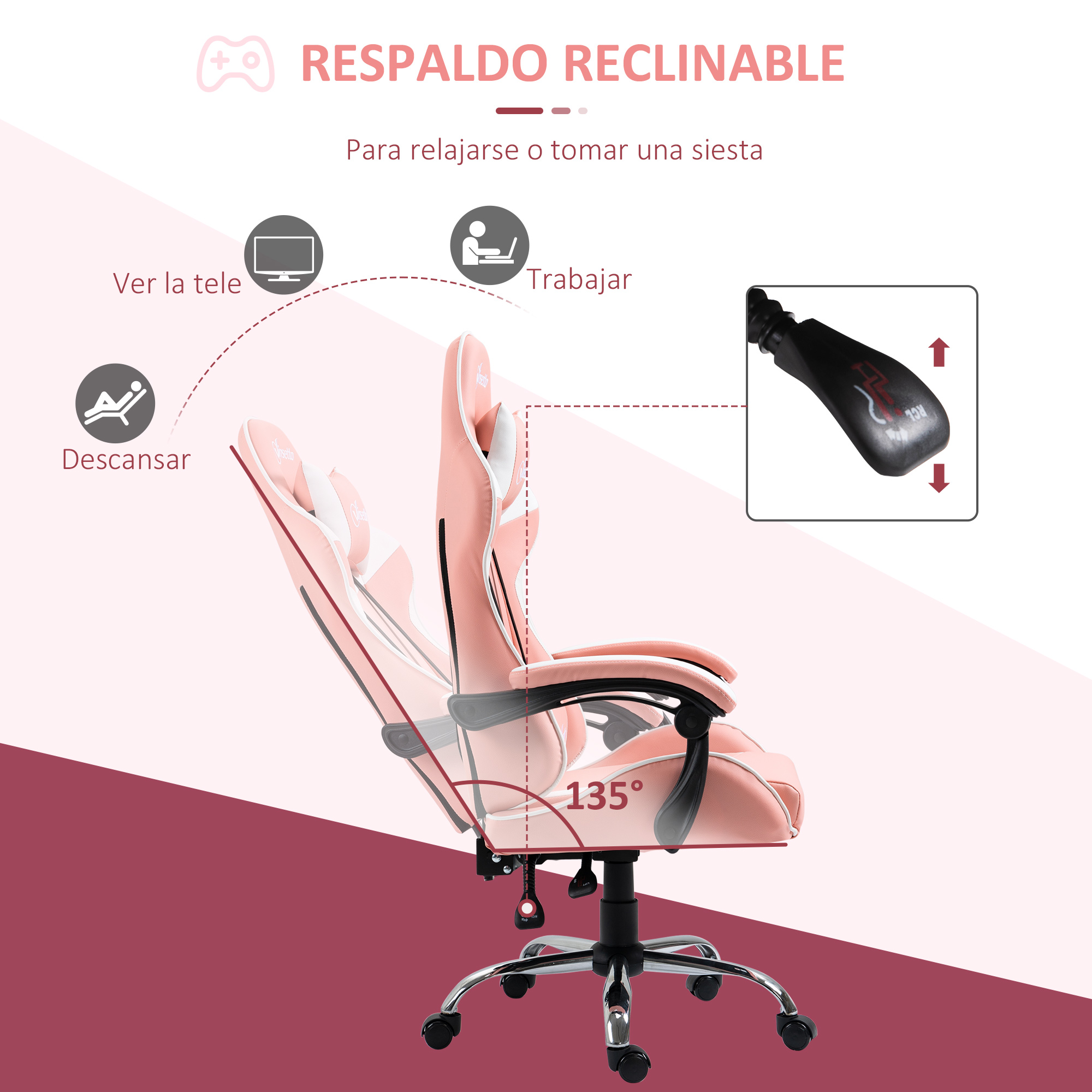 Silla gaming rosa, reclinable a 135 grados. Texto indica escenarios de uso.