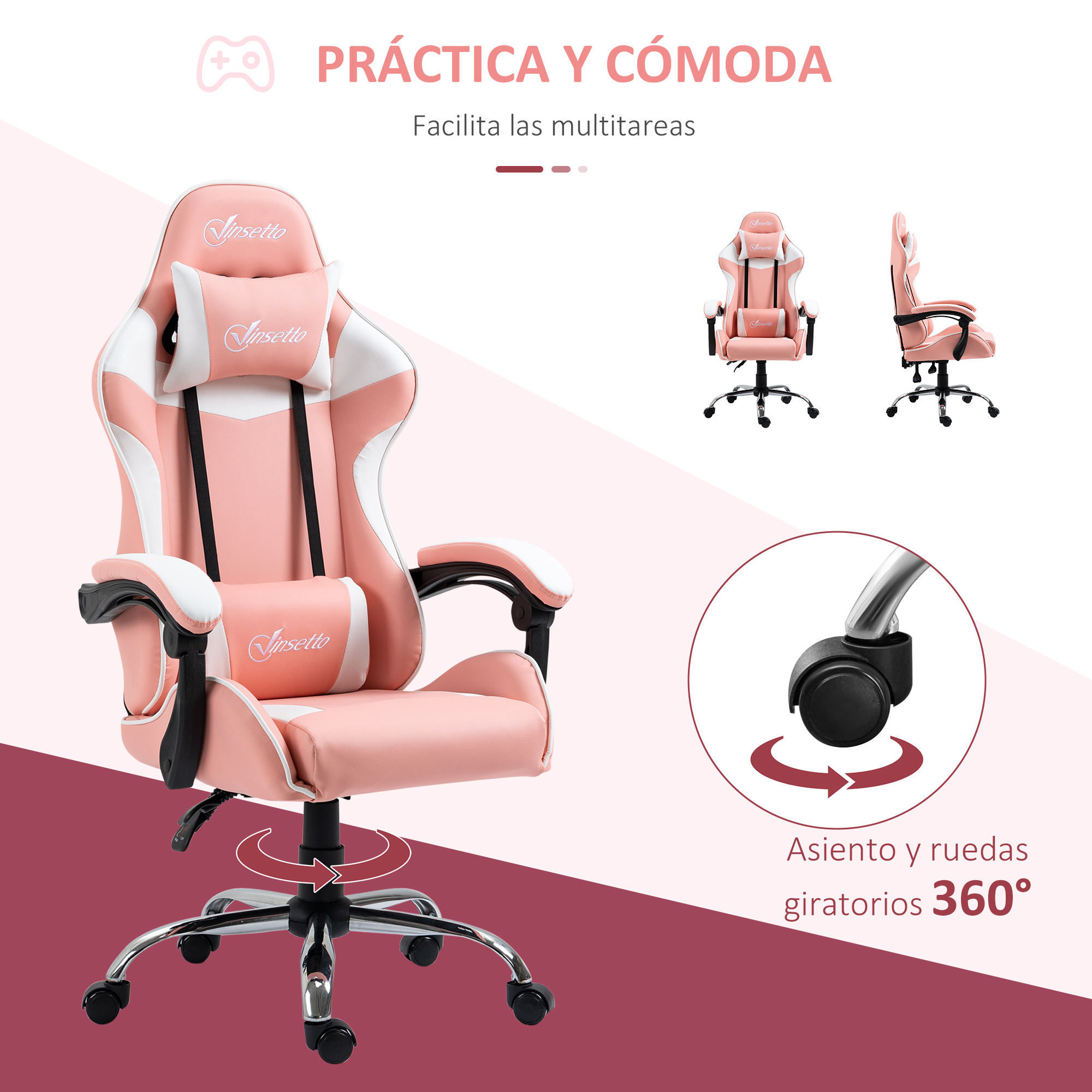 Una silla gamer rosa y blanca con reposacabezas y giro de 360 grados.