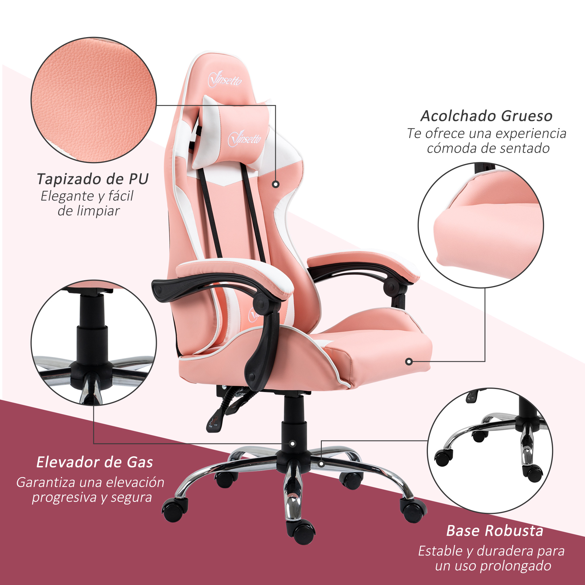 Silla gaming rosa con detalles blancos, reposabrazos negros y base cromada. Se incluyen primeros planos detallados.