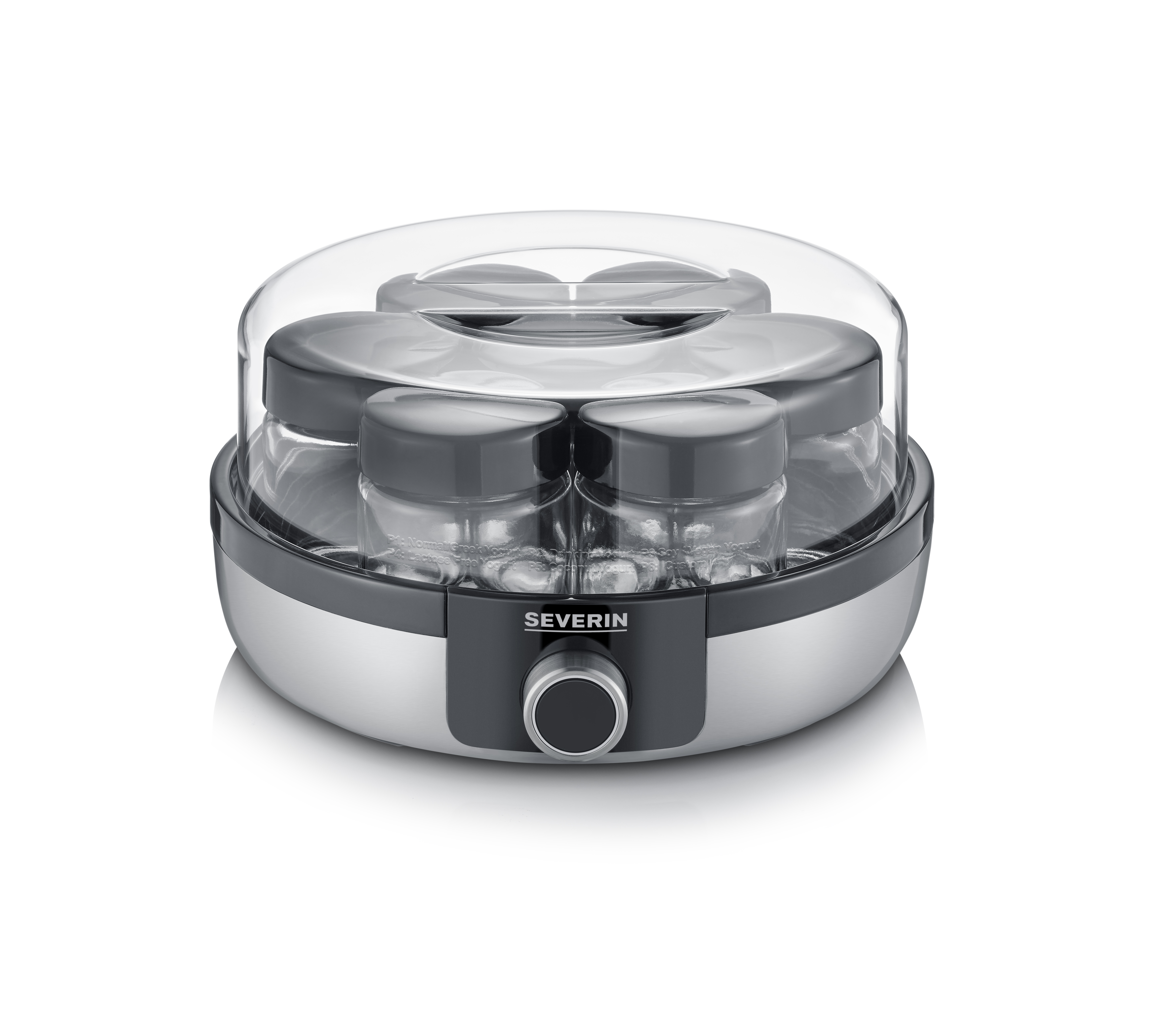 Yogurtera con cuatro frascos de vidrio dentro. Tapa transparente y base plateada y negra con dial.