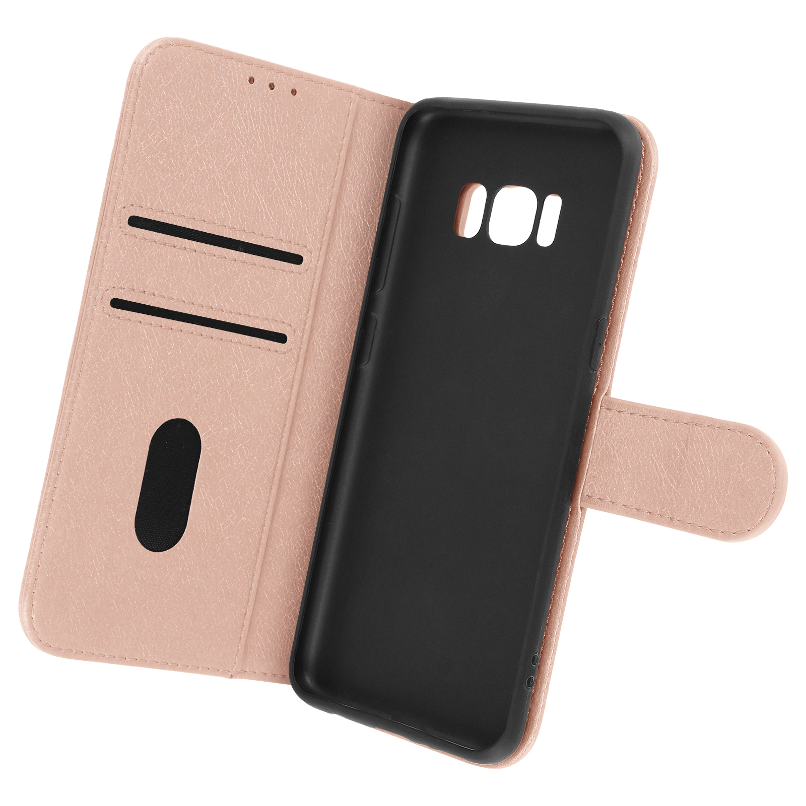 Étui de téléphone rose ouvert avec emplacements pour cartes. Étui noir à l'intérieur.