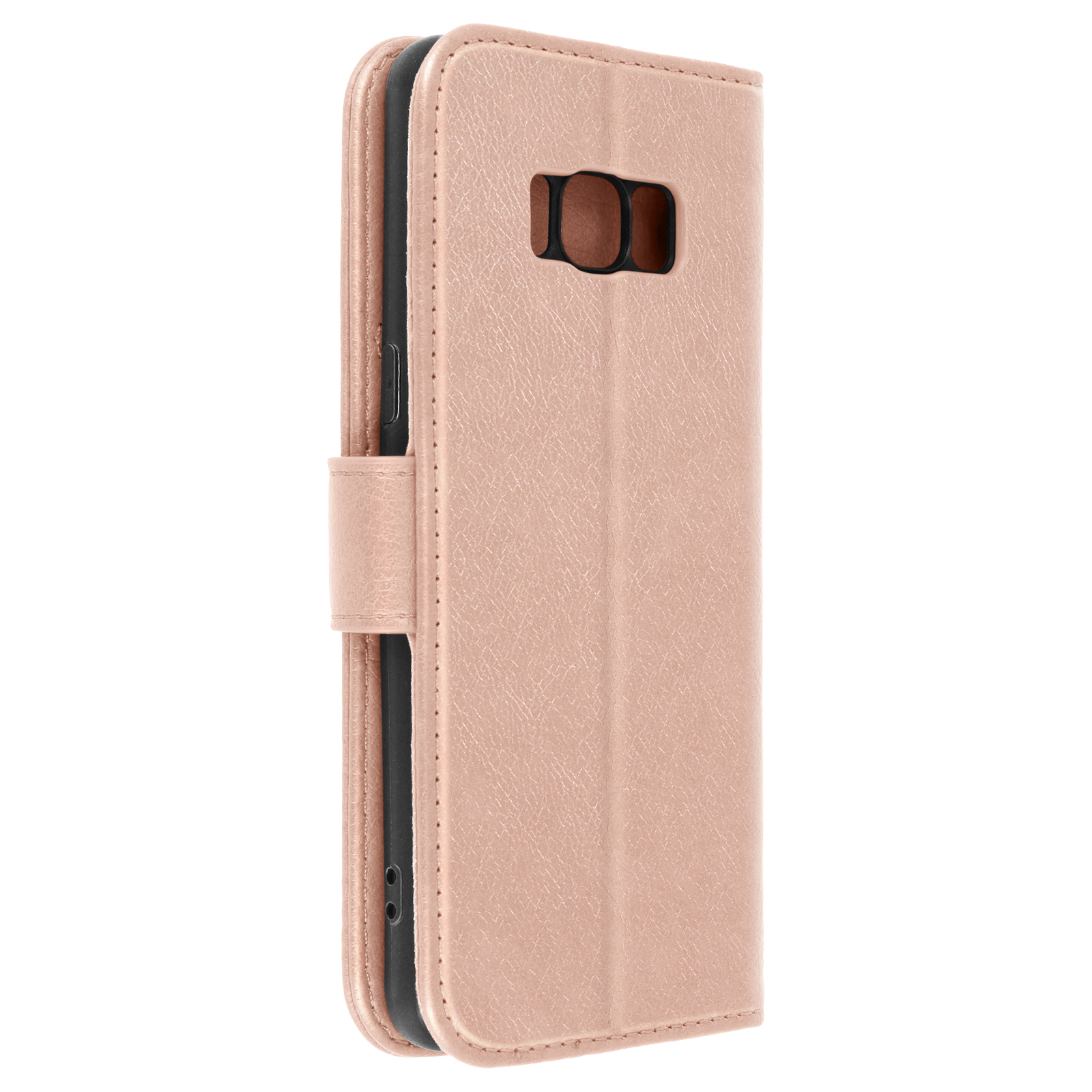Een roze leren telefoonhoes, gesloten, met een magnetische sluiting.