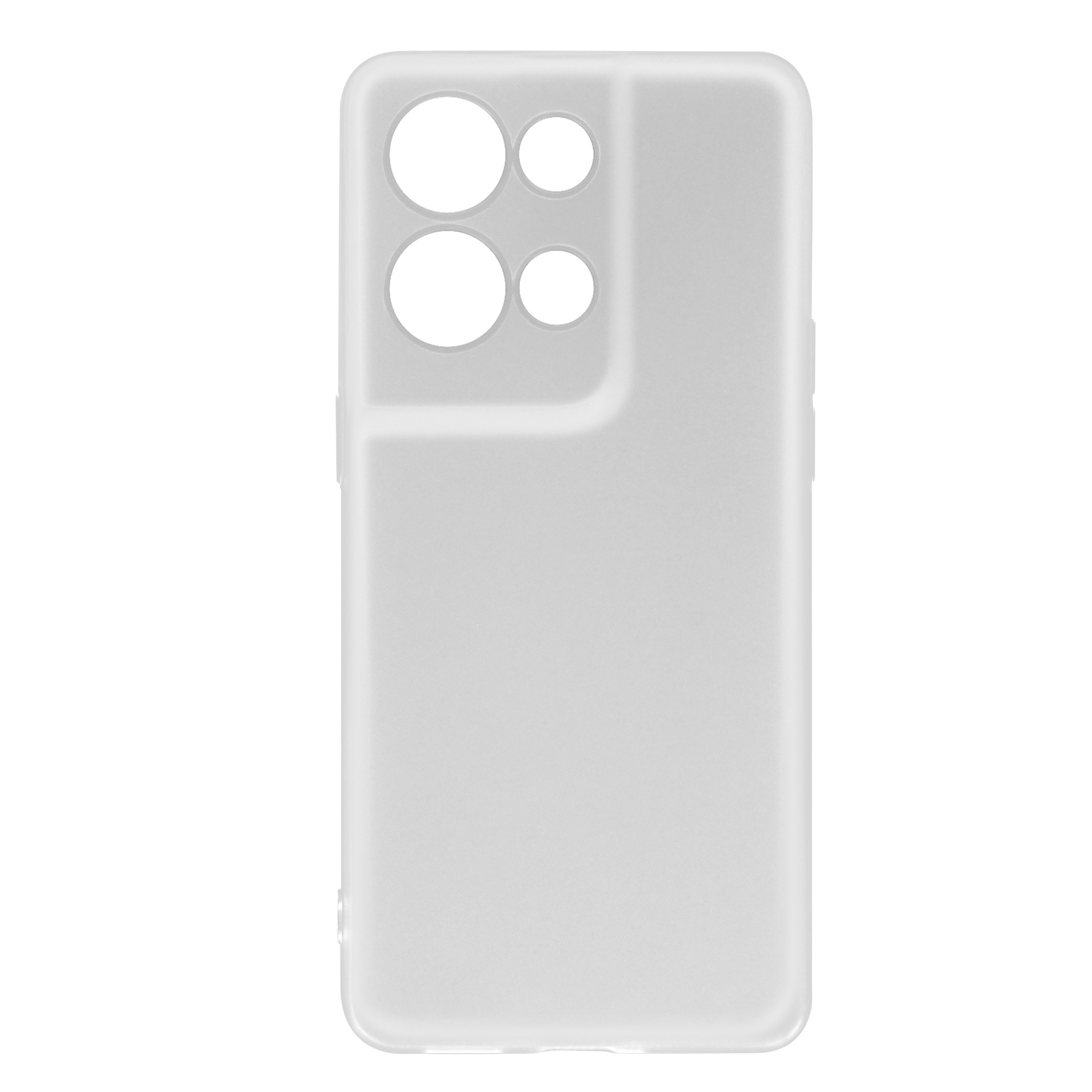 Custodia trasparente con fori per fotocamera e pulsanti. Sfondo bianco.